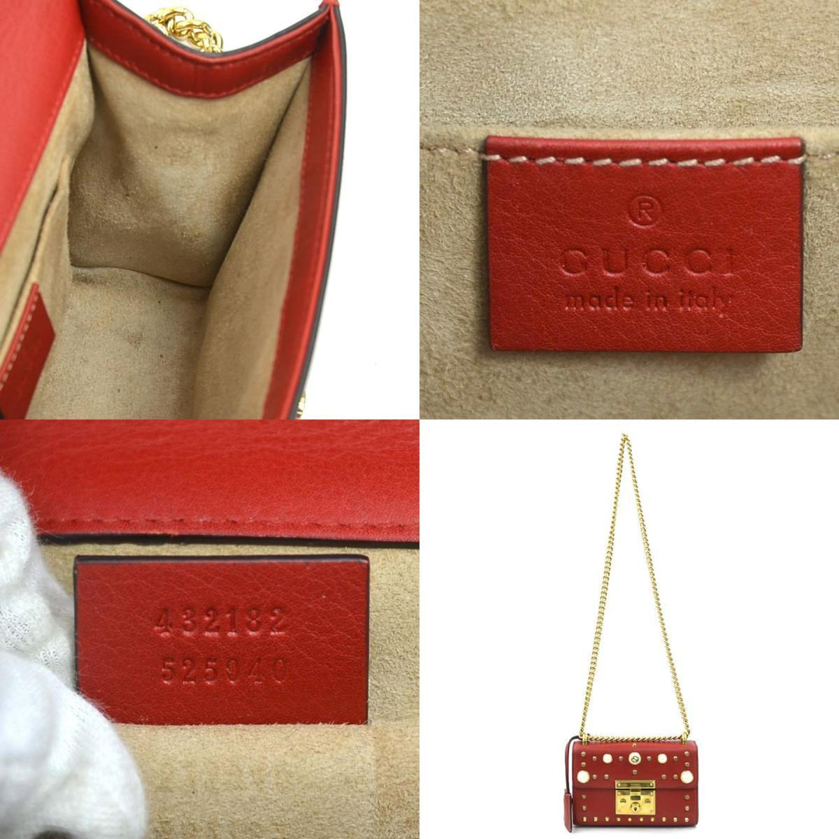 Gucci Red Color Leather Artificial Pearl Metal Shoulder Bag (Pre-Owned)
