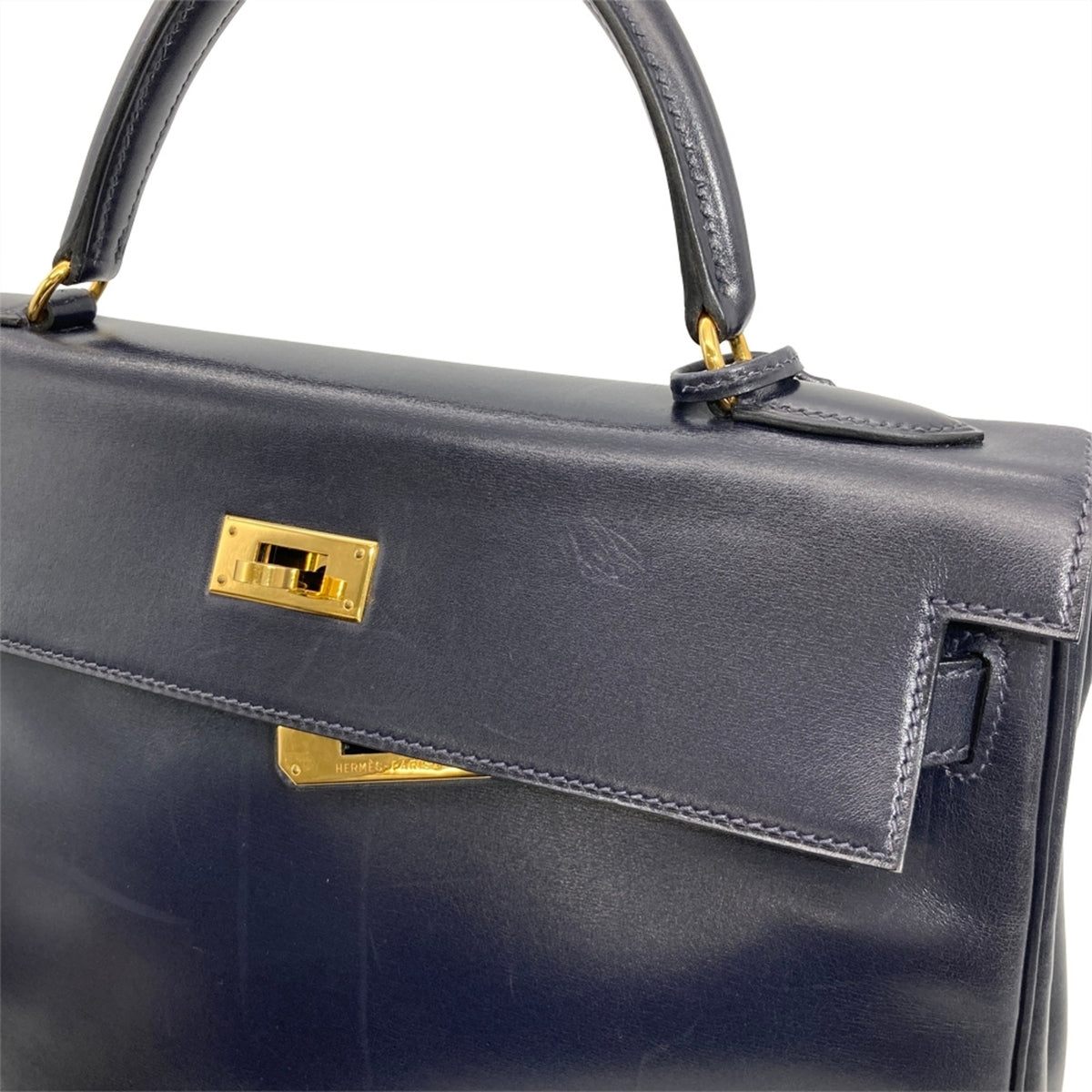 Hermes Navy Box Calf Leather Handbag (Pre-Owned)
