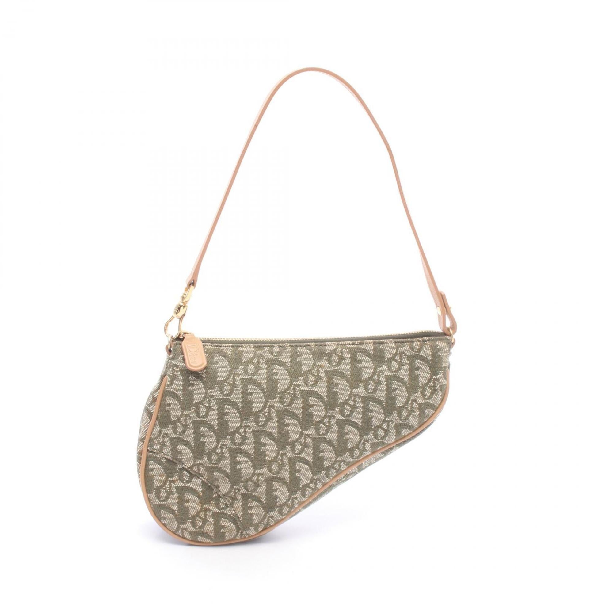 Christian Dior Beige Brown Green Canvas Leather Handbag Pouch (Pre-Owned)