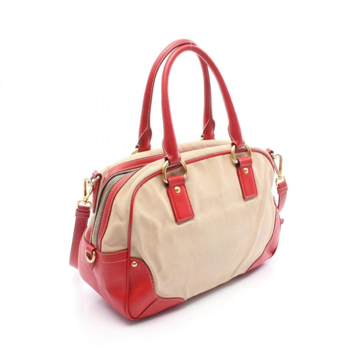 Prada Beige Red Color Canvas Leather Handbag (Pre-Owned)