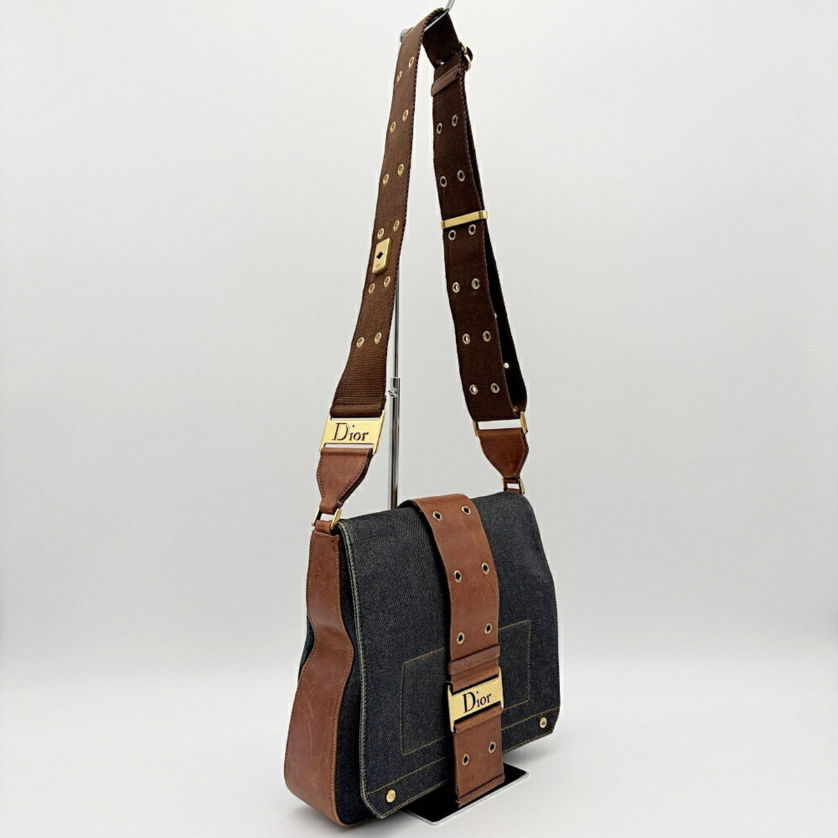 Christian Dior Brown Navy Denim Leather Shoulder Bag (Pre-Owned)