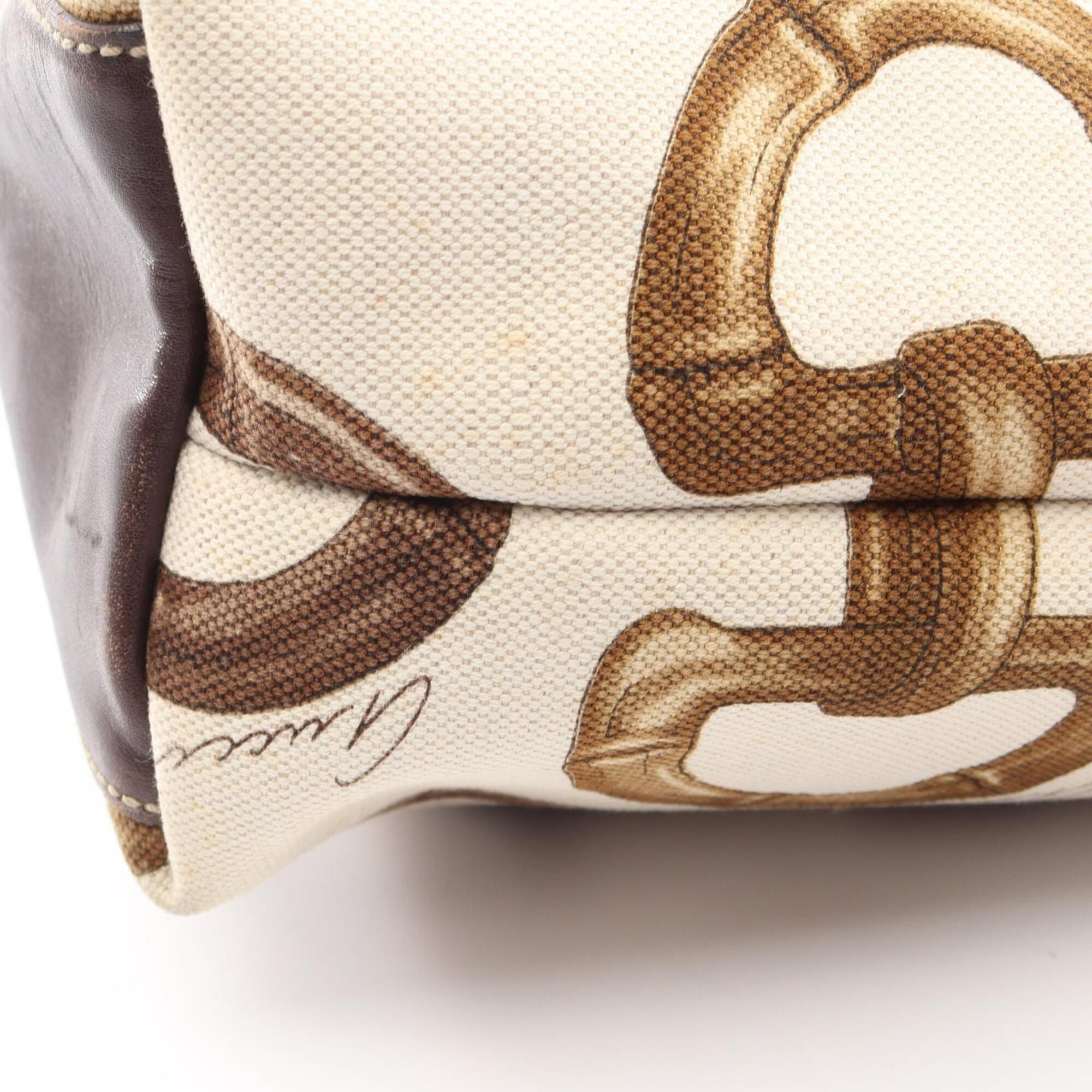Gucci Brown White Canvas Leather Handbag Tote Bag (Pre-Owned)