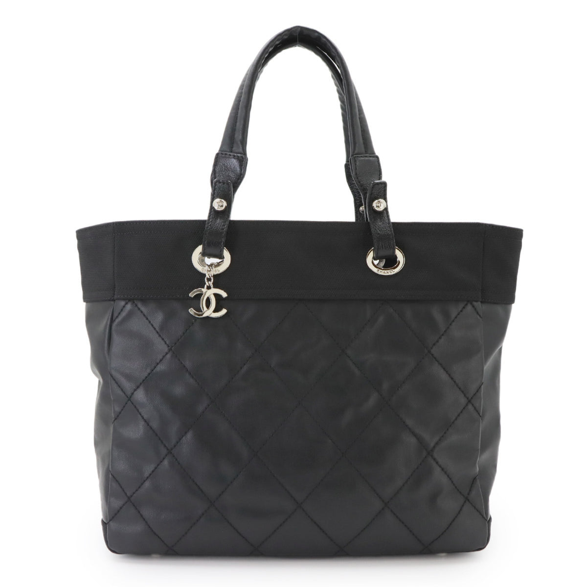Chanel Paris Biarritz Black Canvas Nylon Leather Handbag Tote Bag (Pre-Owned)