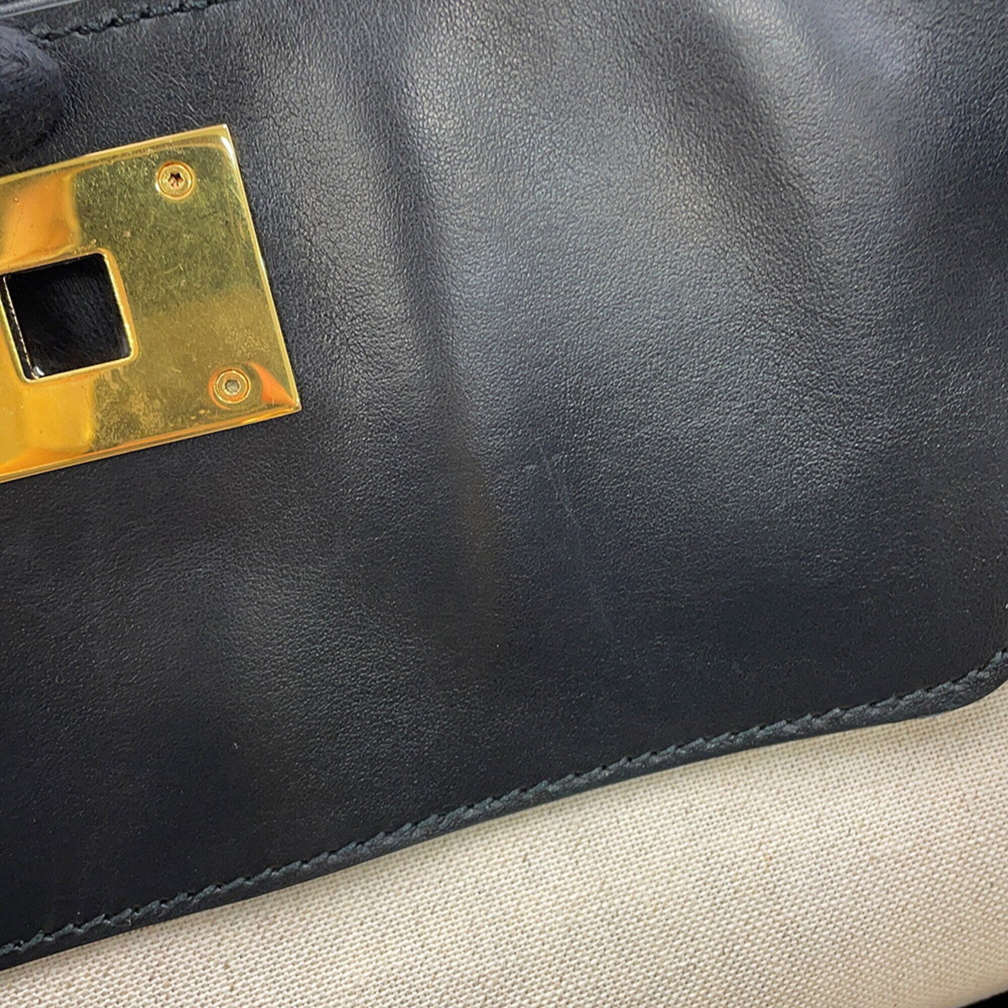 Salvatore Ferragamo Beige Black Canvas Leather Handbag Pouch Tote Bag (Pre-Owned)