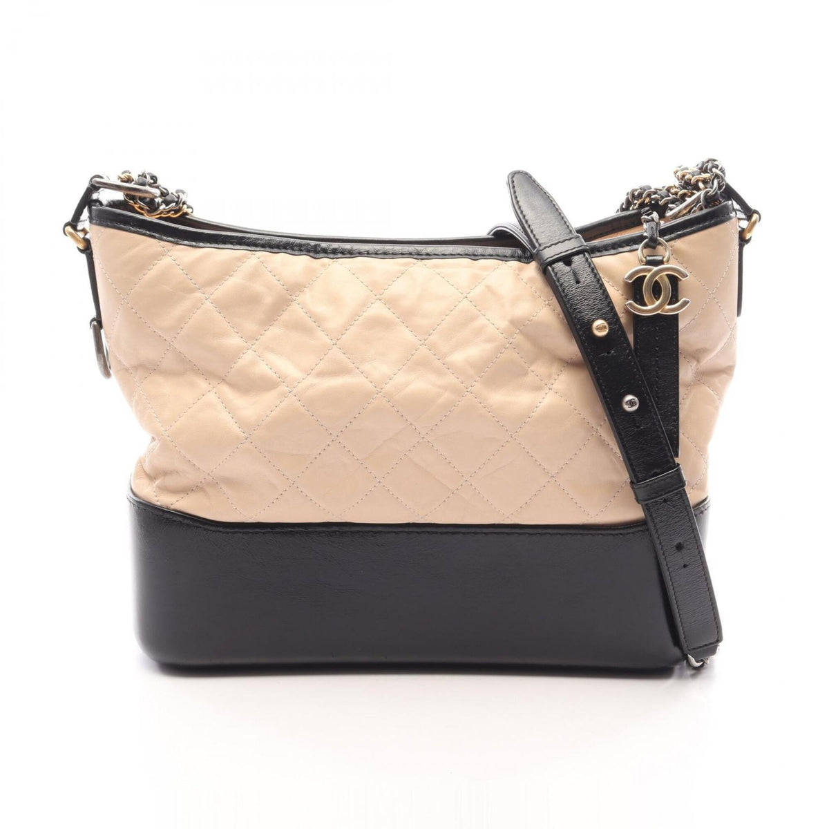 Chanel Beige Black Leather Handbag Shoulder Bag (Pre-Owned)
