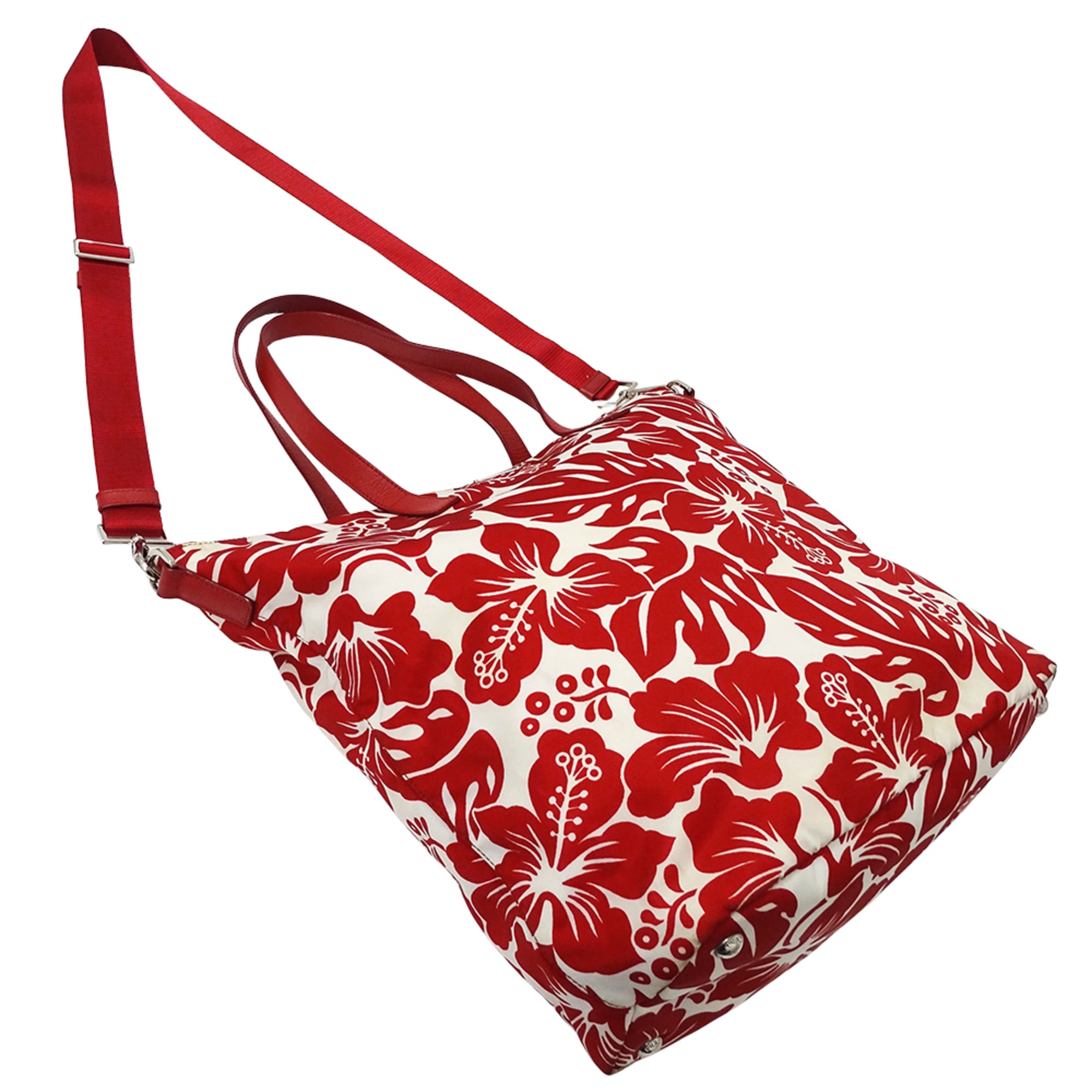 Prada Red Color White Nylon Handbag Shoulder Bag Tote Bag (Pre-Owned)