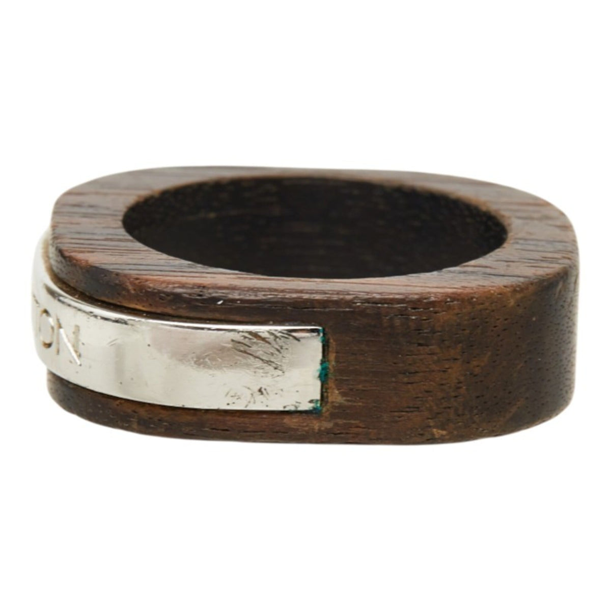 Louis Vuitton Silver Brown Metal Wood Band Ring (Pre-Owned)