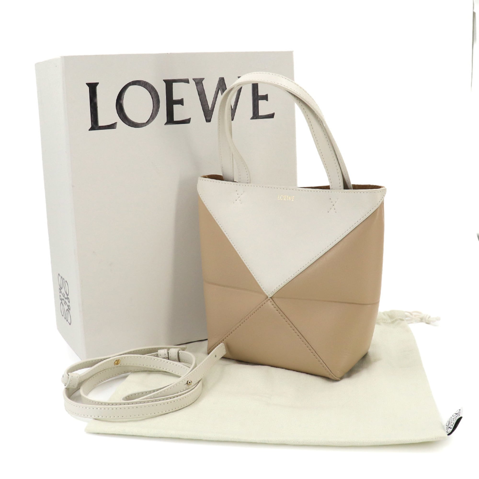 Loewe Puzzle Beige White Leather Handbag Tote Bag (Pre-Owned)
