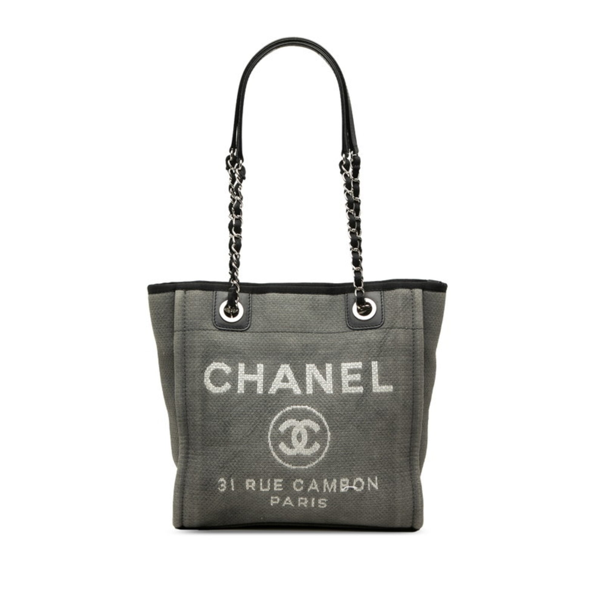 Chanel Black Gray Canvas Leather Shoulder Bag Tote Bag (Pre-Owned)