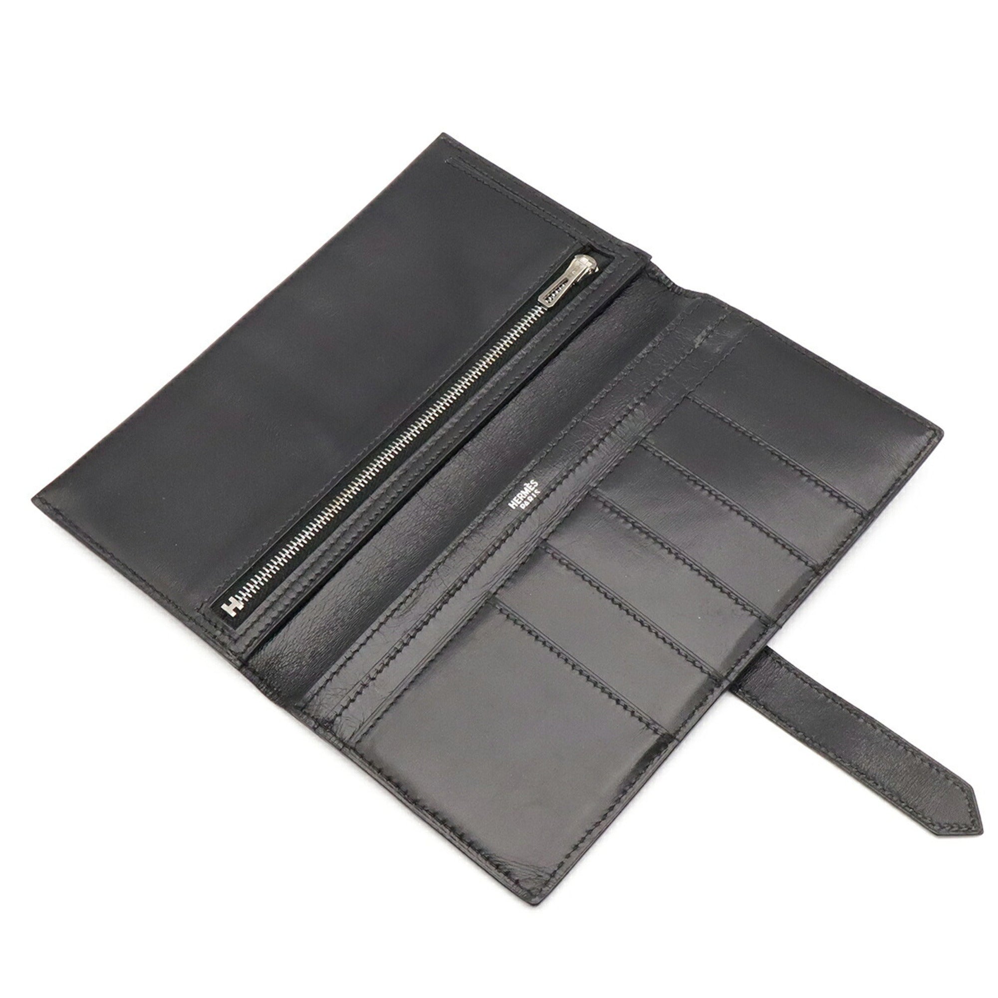 Hermes Black Box Calf Leather Long Wallet (Bi-Fold) (Pre-Owned)