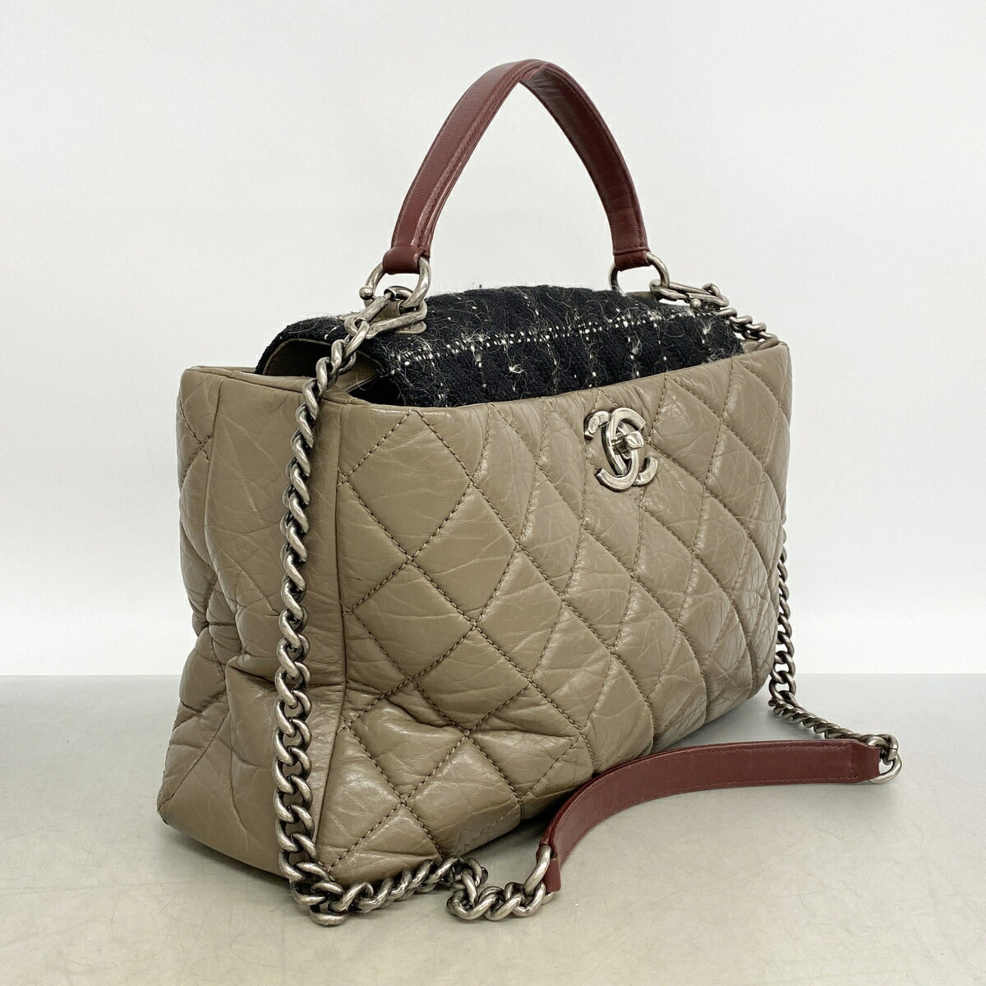 Chanel Brown Leather Tweed Handbag (Pre-Owned)