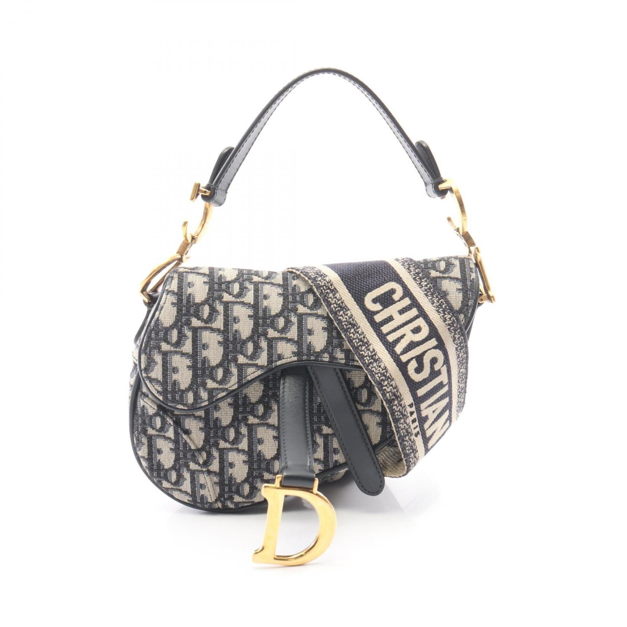 Christian Dior Beige Navy Canvas Leather Handbag Saddle Bag (Pre-Owned)