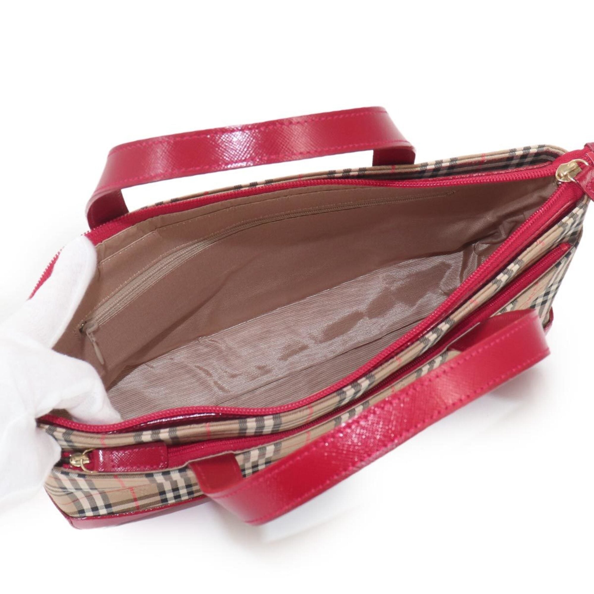 Burberry Beige Red Color Canvas Leather Handbag (Pre-Owned)