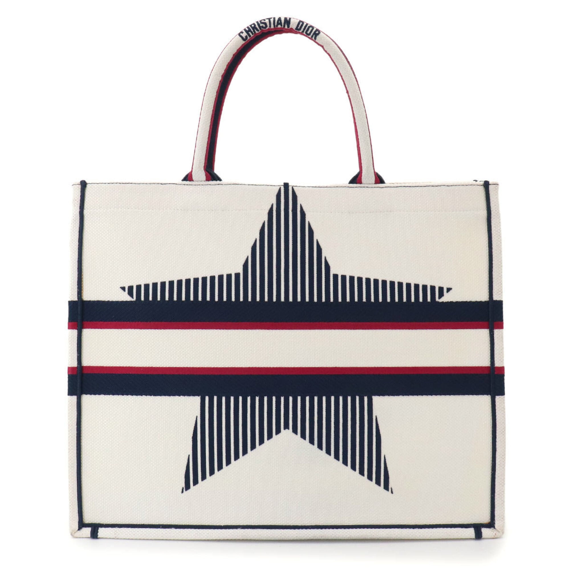 Christian Dior Navy Red Color White Canvas Handbag Tote Bag (Pre-Owned)