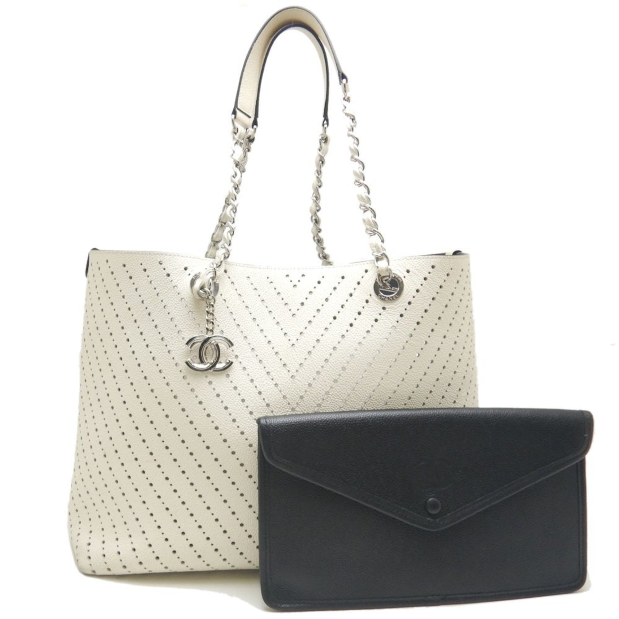 Chanel Gray Ivory Caviar Leather Pouch Tote Bag (Pre-Owned)