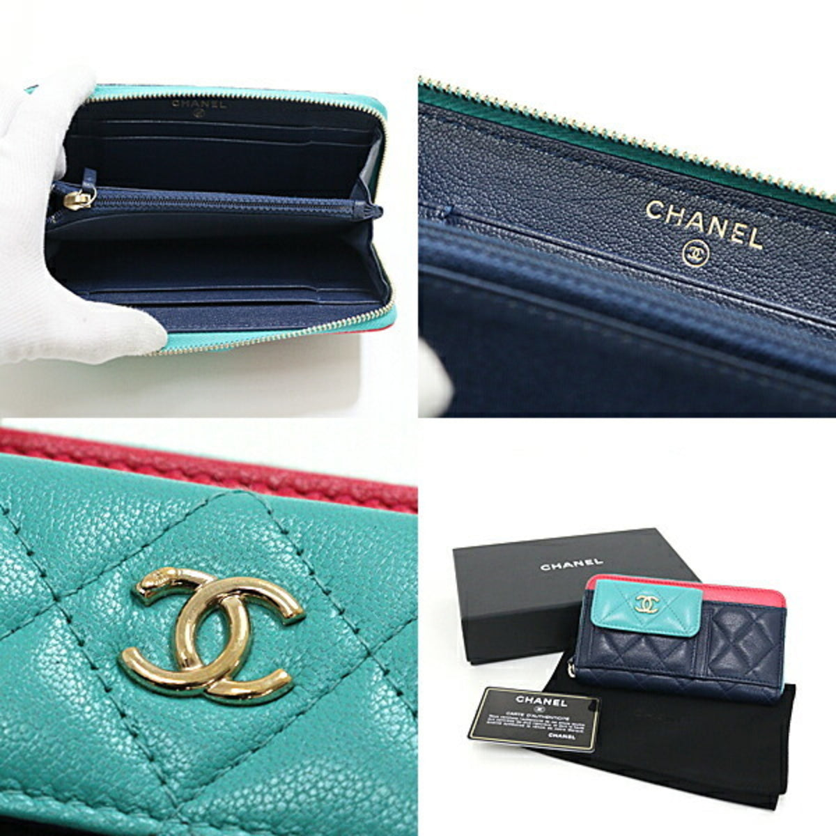 Chanel Green Navy Pink Leather Wallet (Bi-Fold) (Pre-Owned)