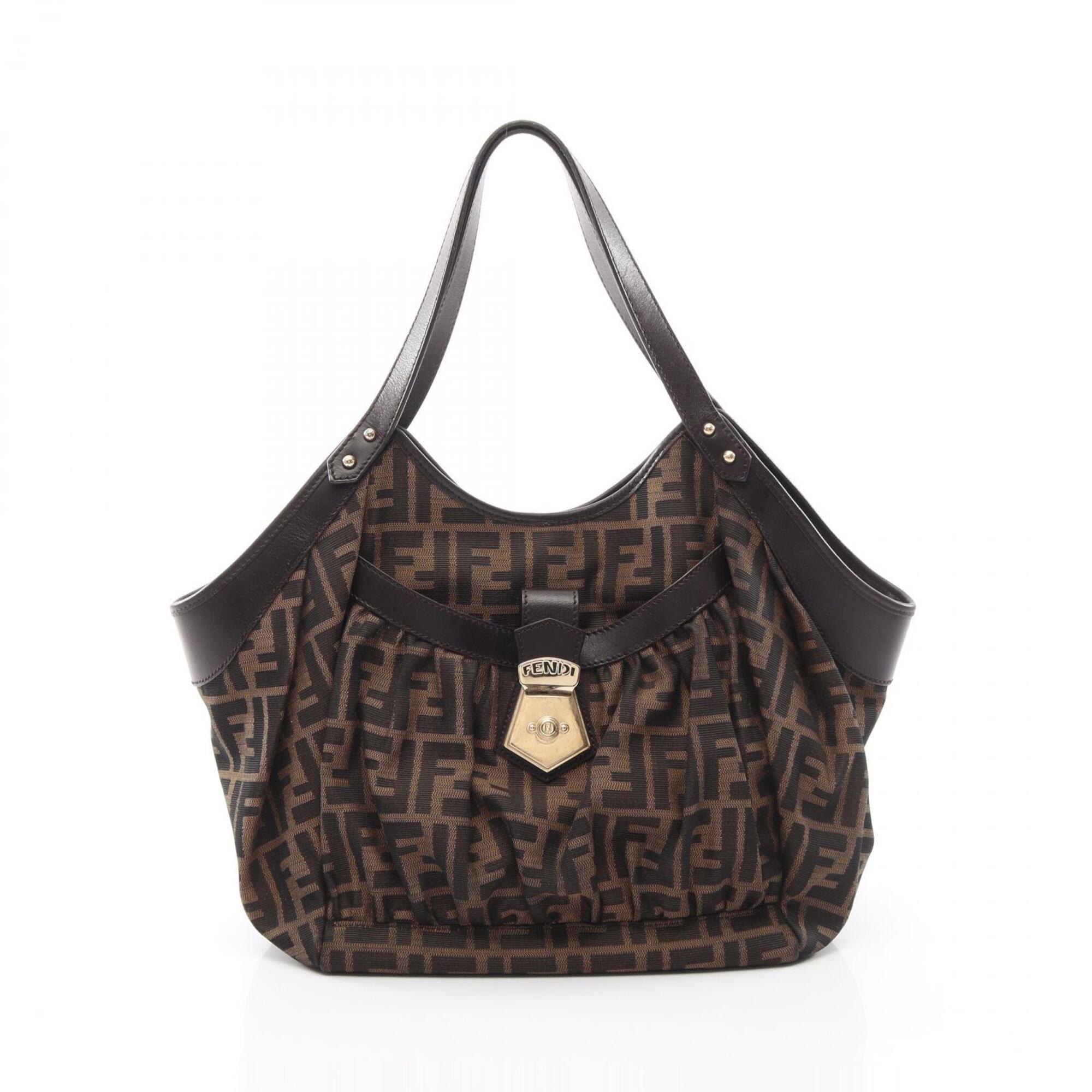 Fendi Beige Black Brown Canvas Leather Handbag (Pre-Owned)