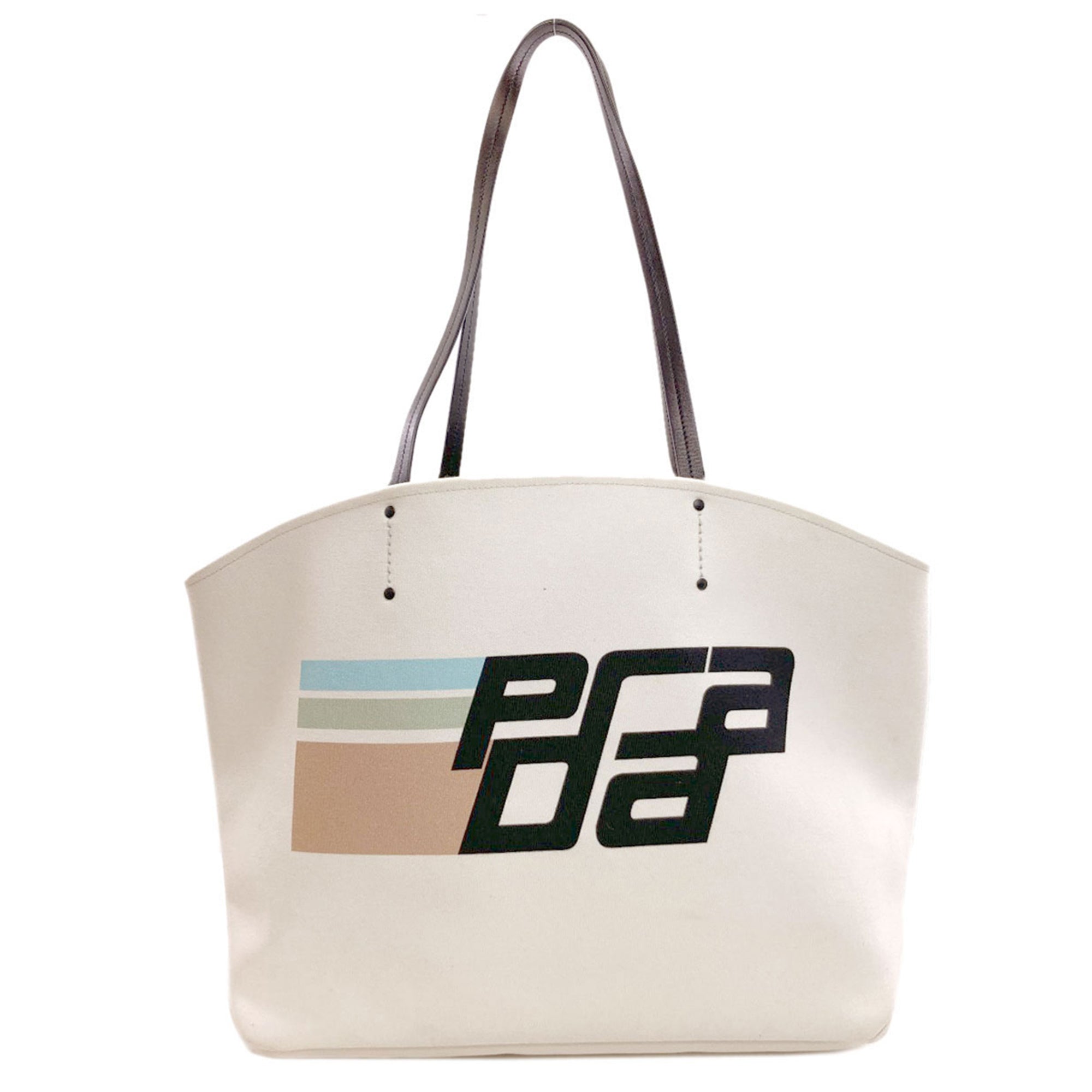 Prada Green Light Blue White Canvas Tote Bag (Pre-Owned)