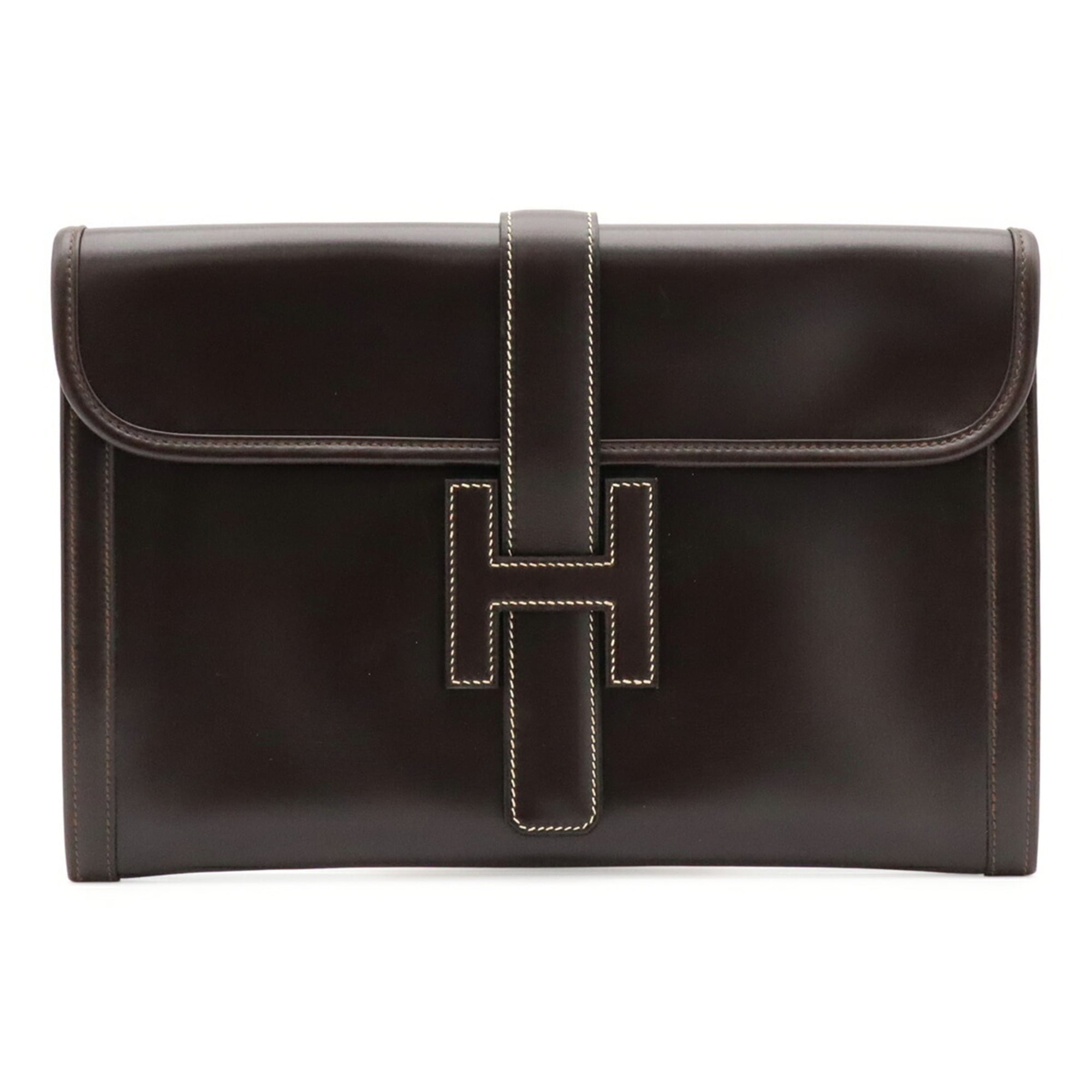 Hermes Jige Dark Brown Leather Clutch Bag Handbag (Pre-Owned)