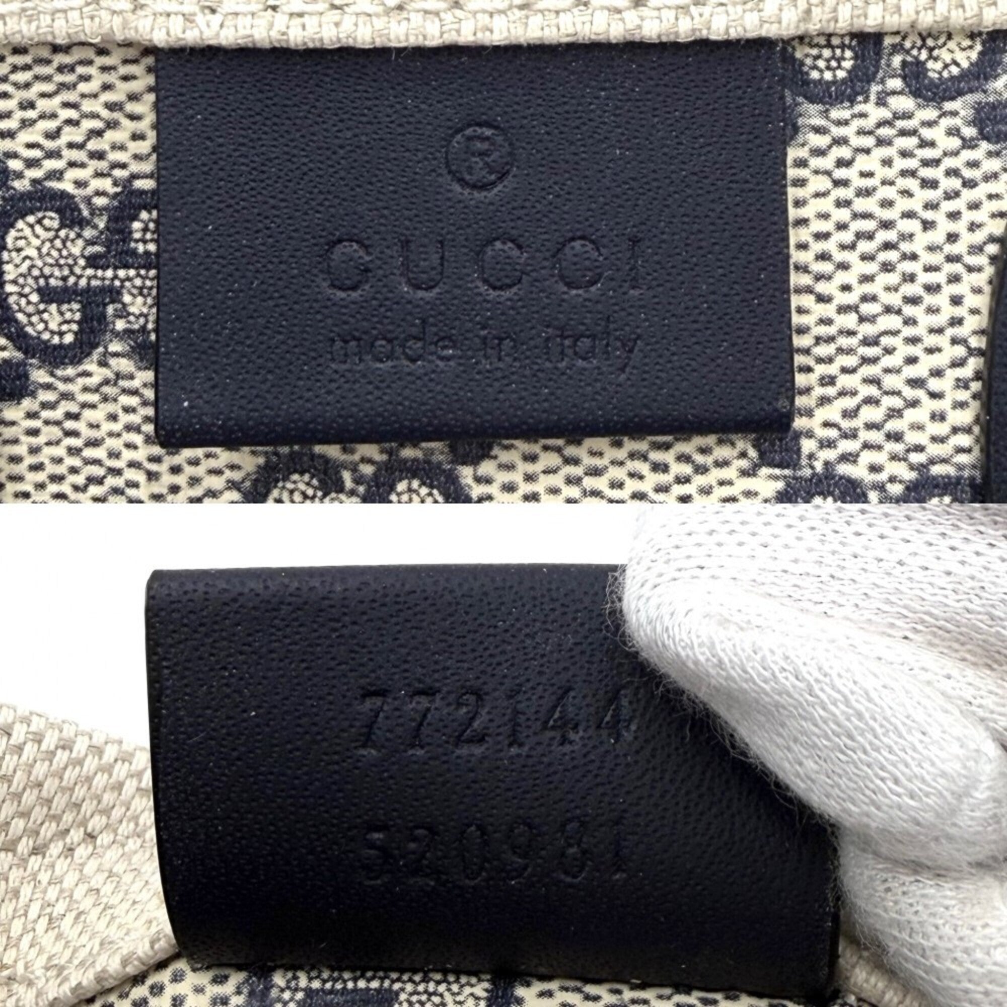 Gucci Beige Navy Canvas Leather Handbag Shoulder Bag (Pre-Owned)