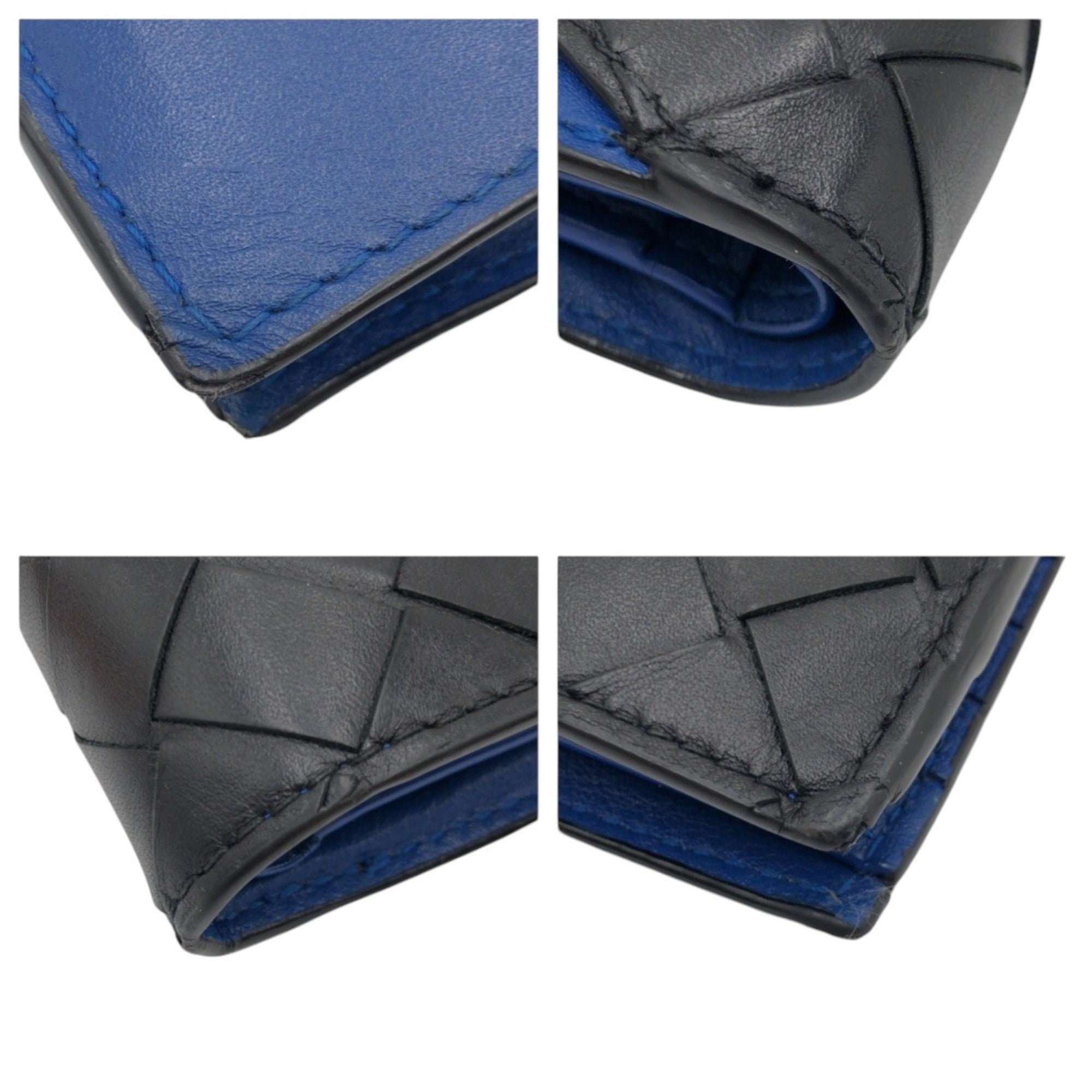 Bottega Veneta Intrecciato Black Blue Leather Wallet (Bi-Fold) (Pre-Owned)