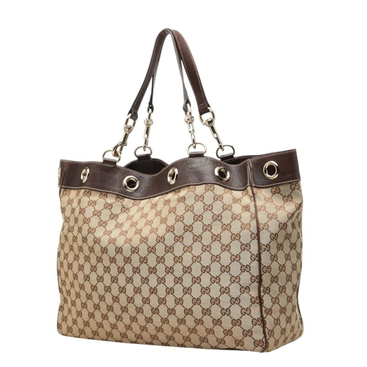 Gucci Gg Canvas Beige Brown Gg Canvas Leather Handbag Tote Bag (Pre-Owned)