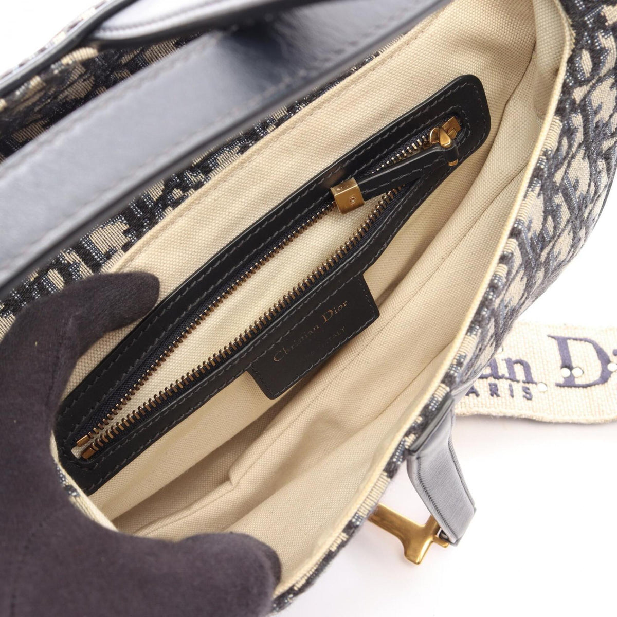 Christian Dior Beige Navy Canvas Leather Saddle Bag (Pre-Owned)