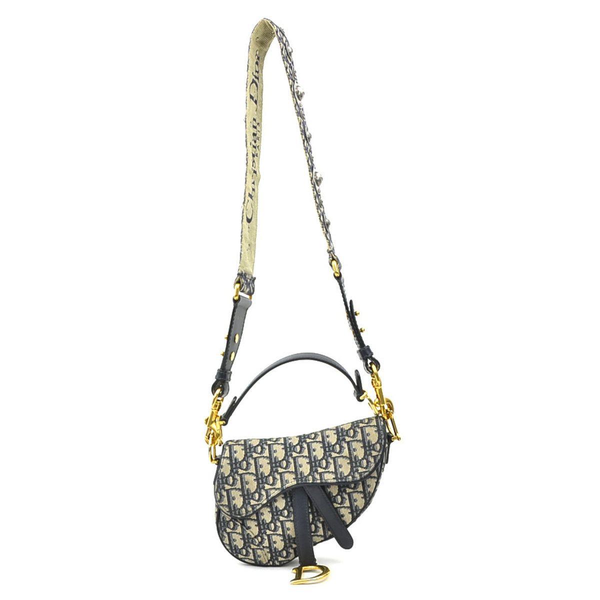 Christian Dior Navy Canvas Leather Handbag Saddle Bag Shoulder Bag (Pre-Owned)