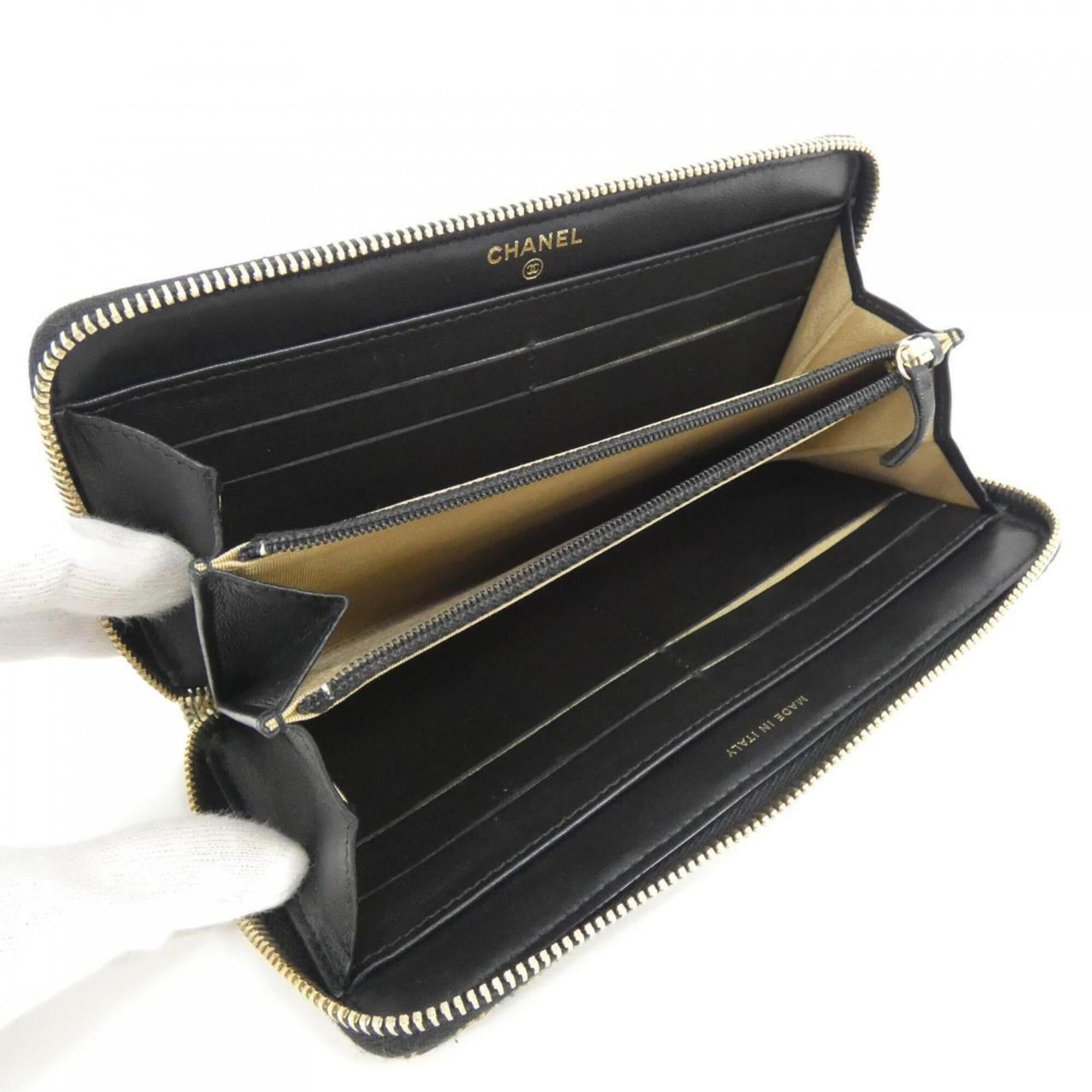 Chanel Beige Black Leather Long Wallet (Bi-Fold) (Pre-Owned)