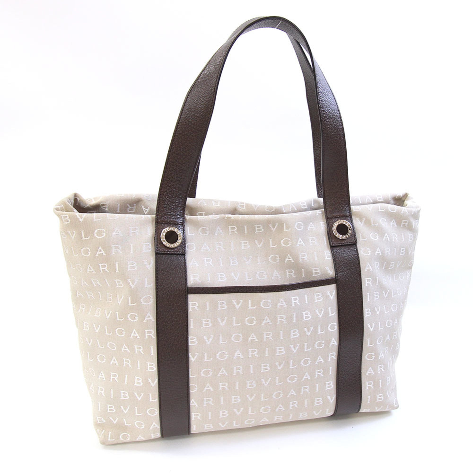 Bvlgari Beige Dark Brown Canvas Leather Handbag Pouch Tote Bag (Pre-Owned)