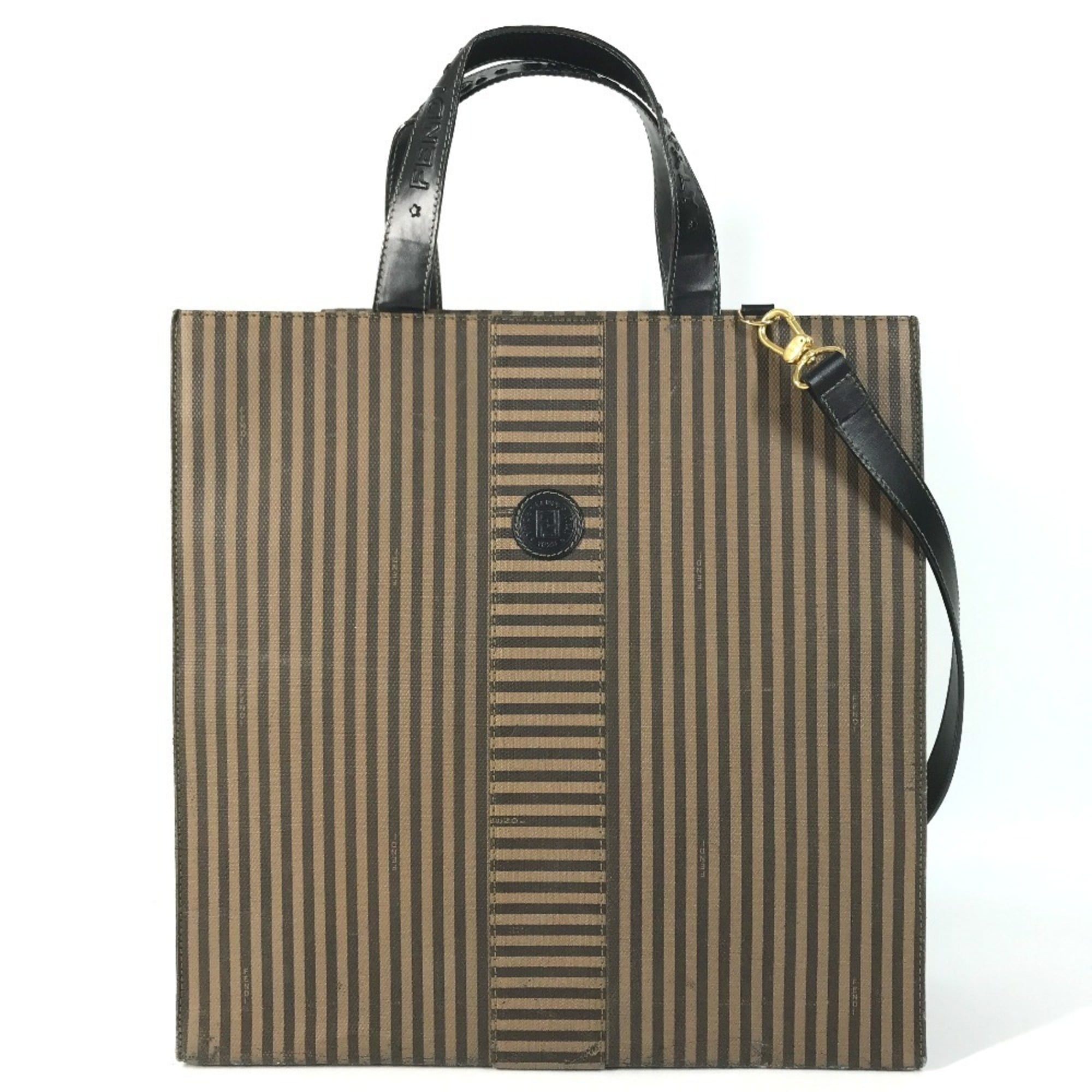 Fendi Black Brown Leather Coated Canvas Handbag Shoulder Bag Tote Bag (Pre-Owned)