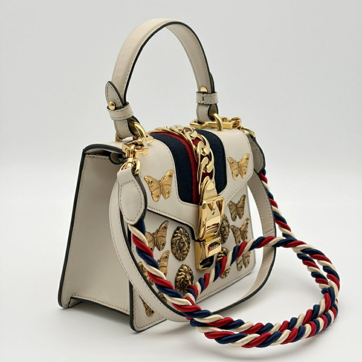 Gucci Navy Red Color White Leather Canvas Metal Handbag Shoulder Bag (Pre-Owned)
