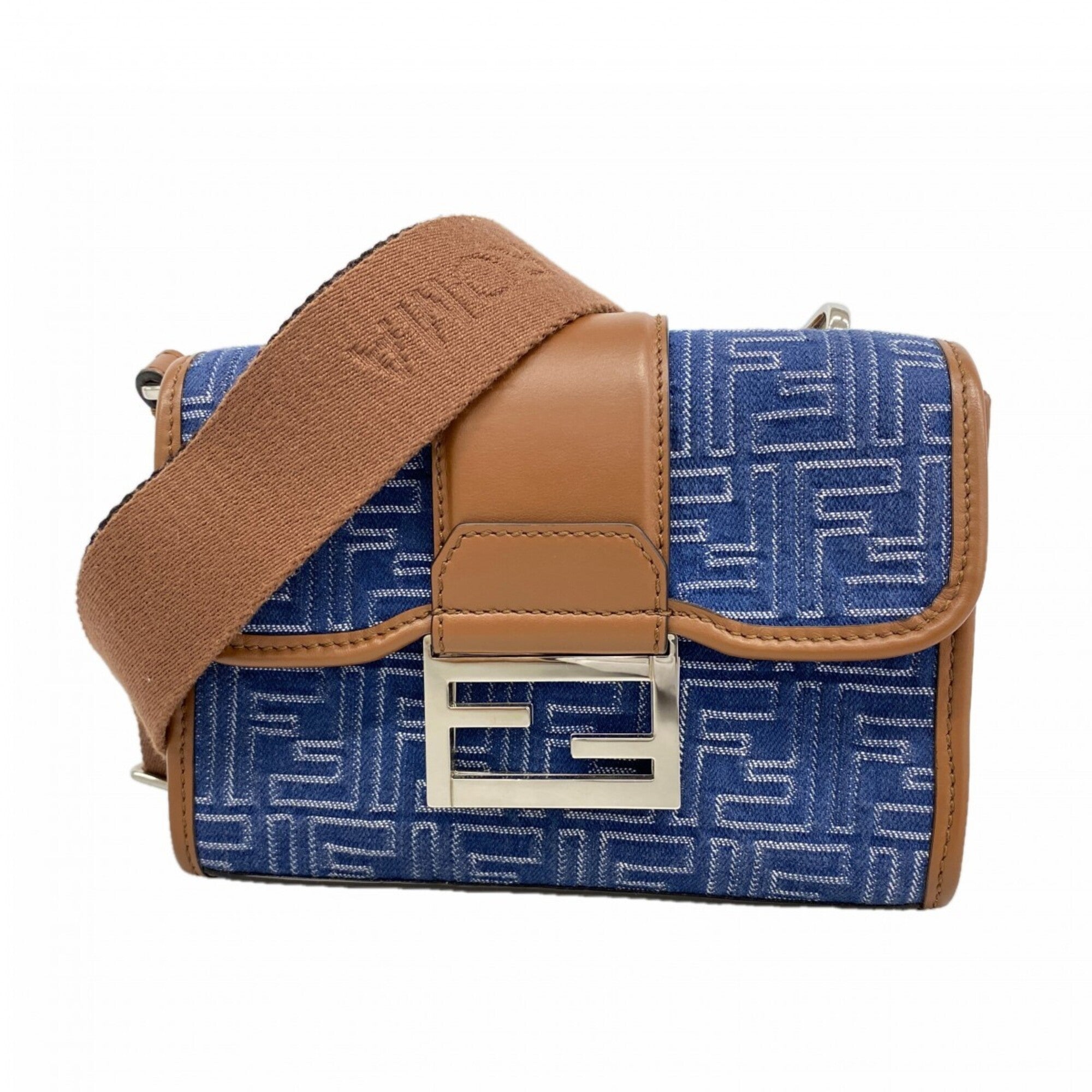 Fendi Blue Brown Leather Denim Denim Shoulder Bag (Pre-Owned)