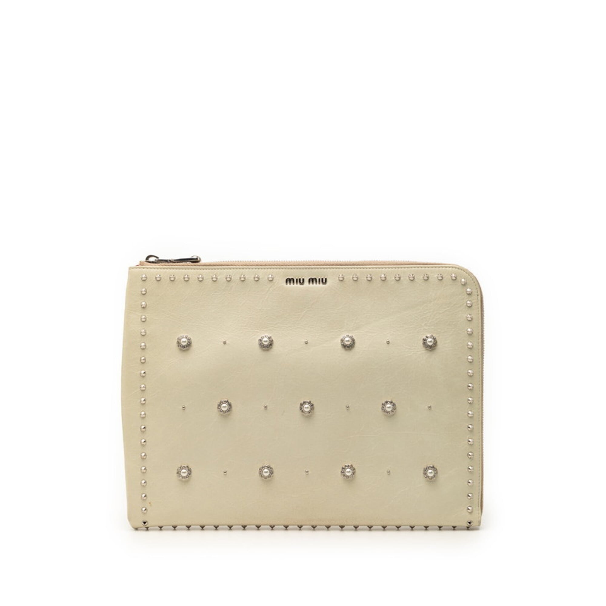 Miu Miu Ivory White Leather Rhinestone Clutch Bag (Pre-Owned)