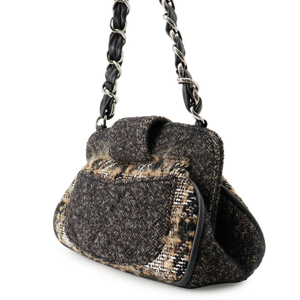 Chanel Black Dark Brown Multi-Color Tweed Leather Shoulder Bag (Pre-Owned)