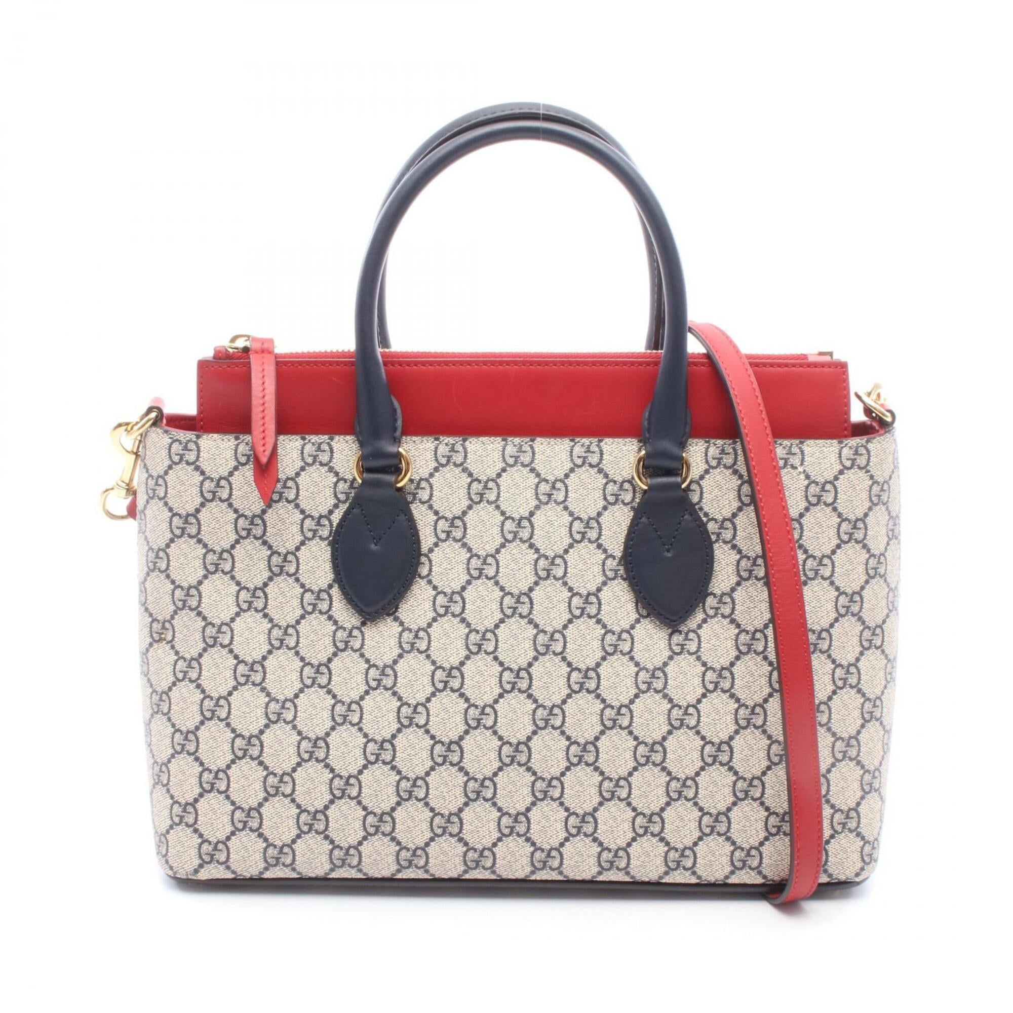 Gucci Beige Navy Red Color Gg Supreme Leather Handbag (Pre-Owned)