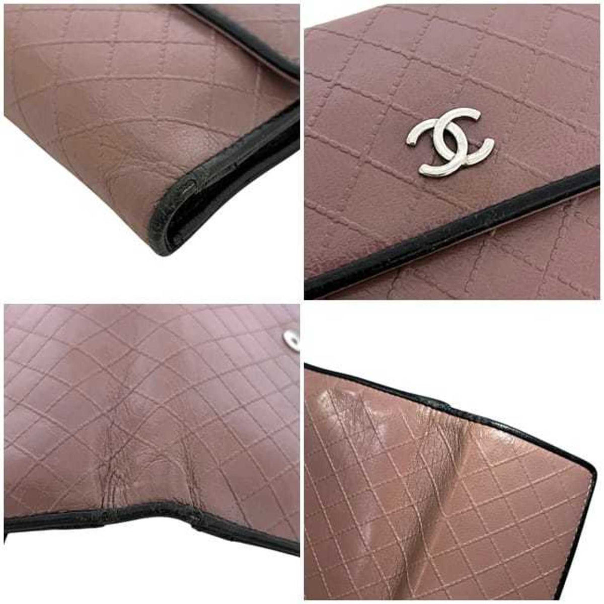 Chanel Black Pink Beige Leather Long Wallet (Tri-Fold) (Pre-Owned)