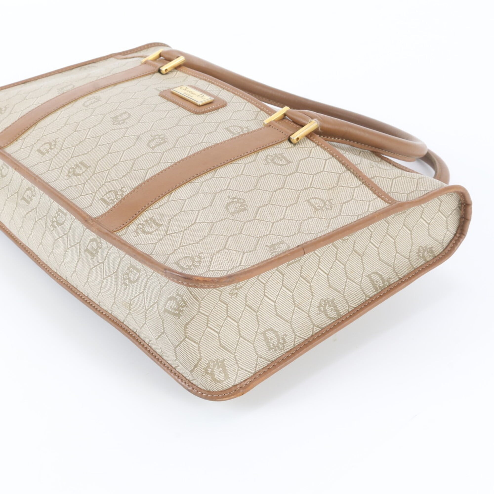 Christian Dior Beige Leather Coated Canvas Handbag Tote Bag (Pre-Owned)