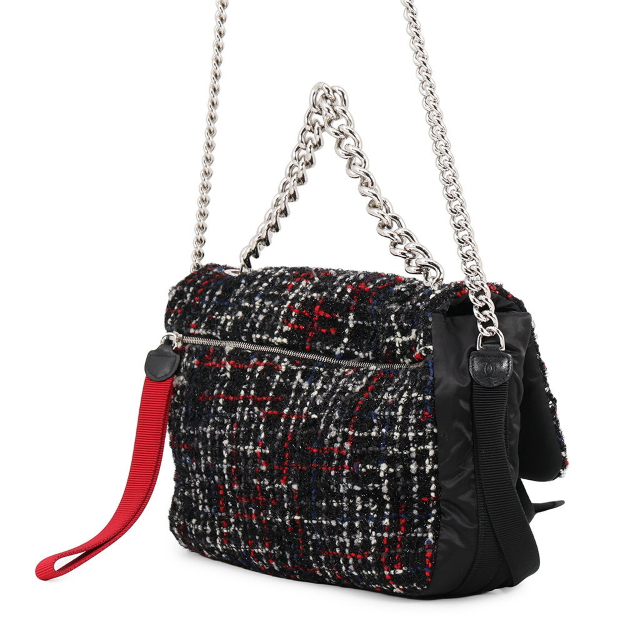 Chanel Black Red Color Tweed Nylon Shoulder Bag (Pre-Owned)
