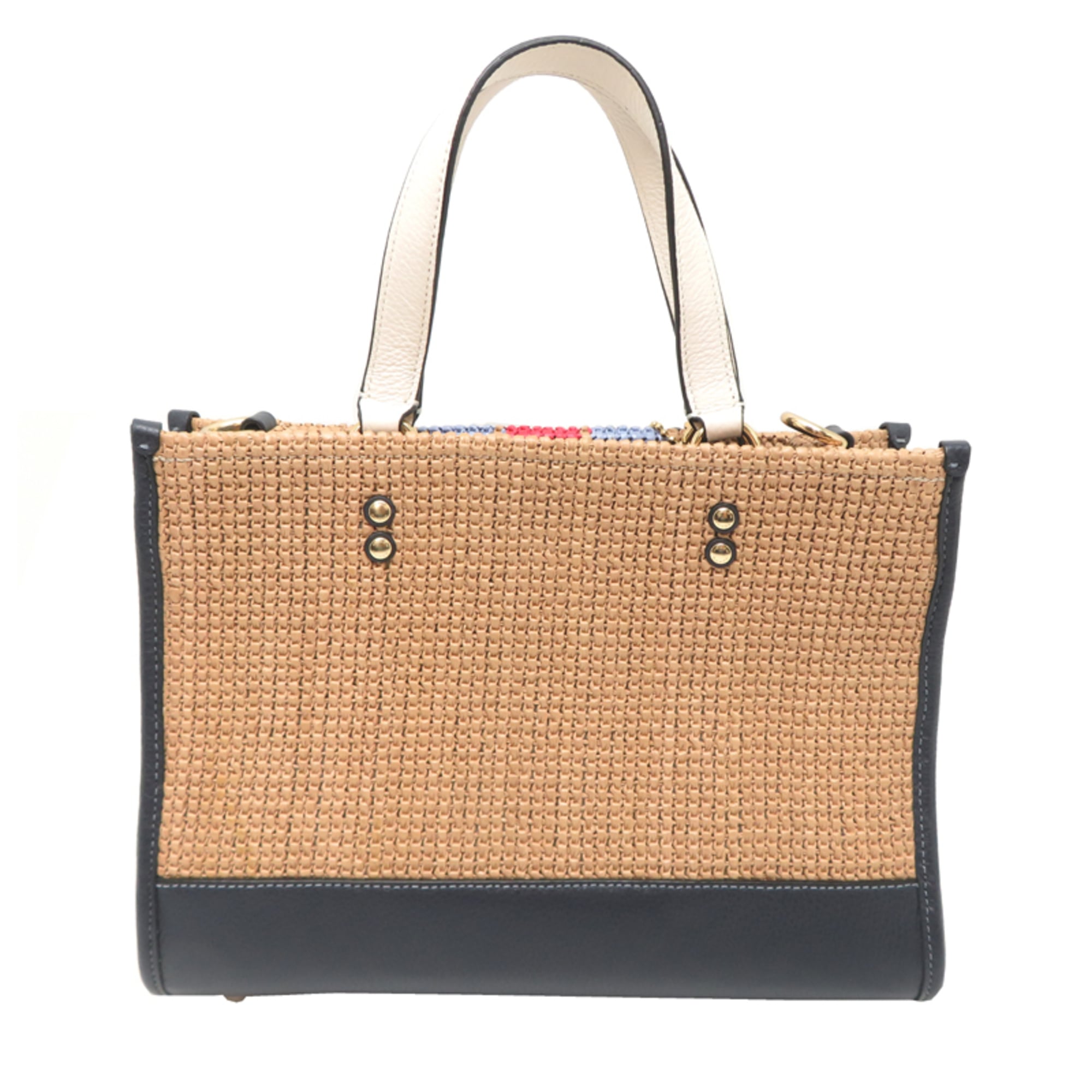 Coach Brown Navy Straw Leather Handbag (Pre-Owned)