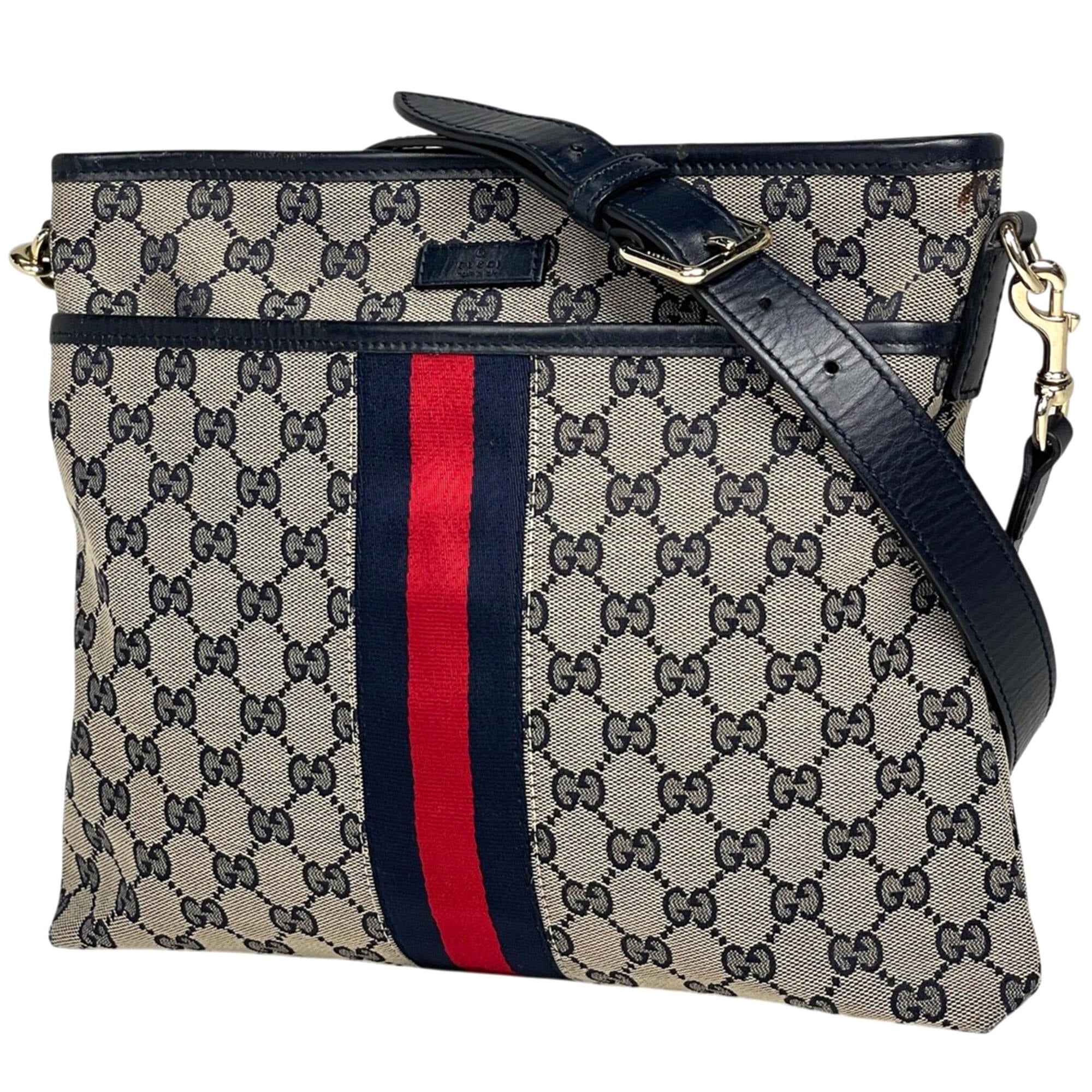 Gucci Sherry Line Beige Navy Gg Canvas Leather Shoulder Bag (Pre-Owned)
