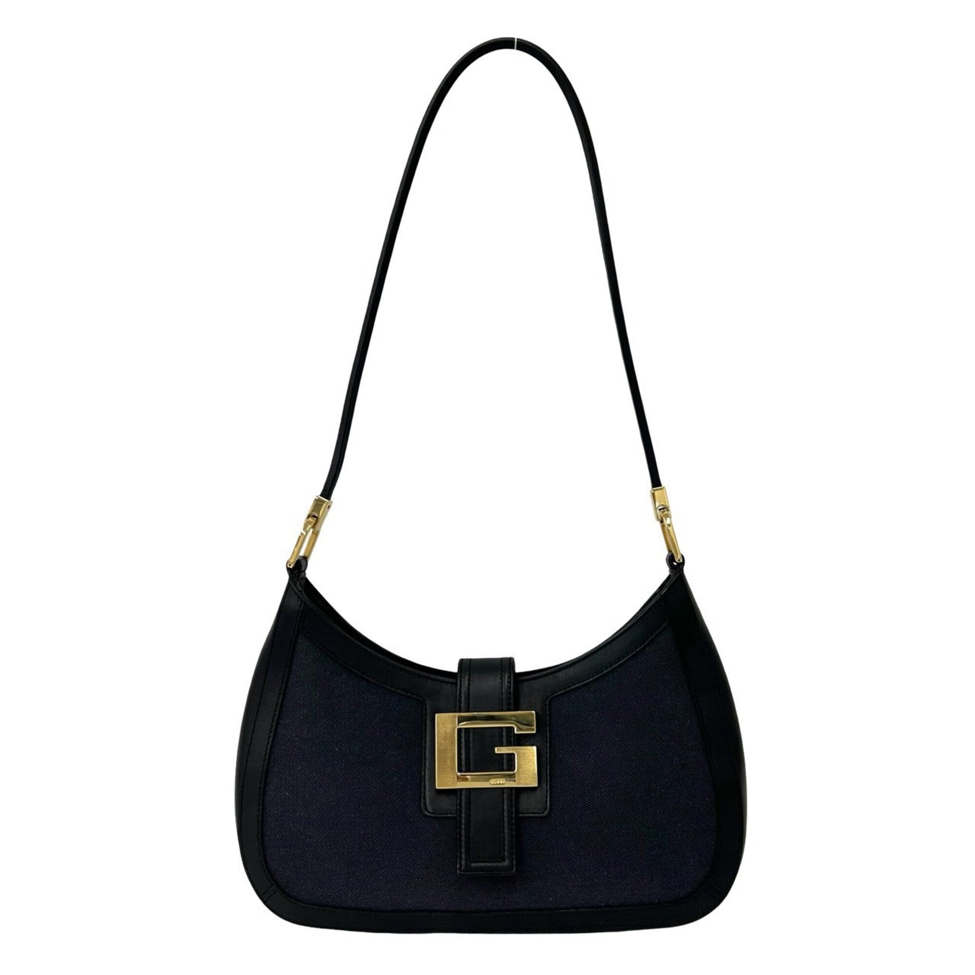 Gucci Black Navy Leather Canvas Shoulder Bag Tote Bag (Pre-Owned)