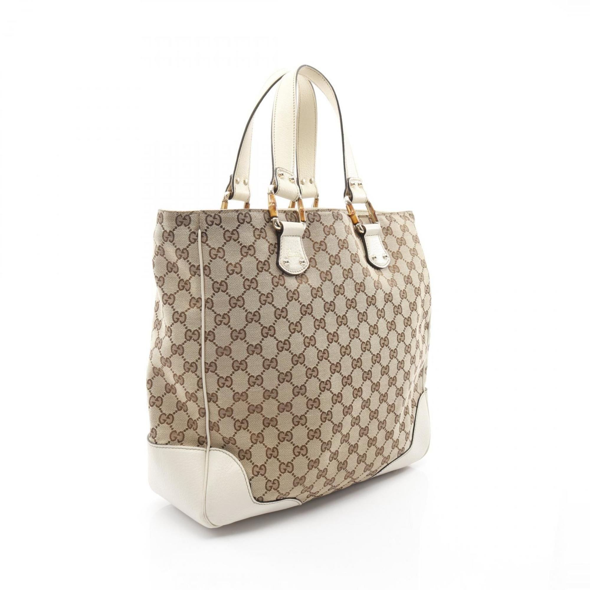 Gucci Beige White Canvas Leather Tote Bag (Pre-Owned)