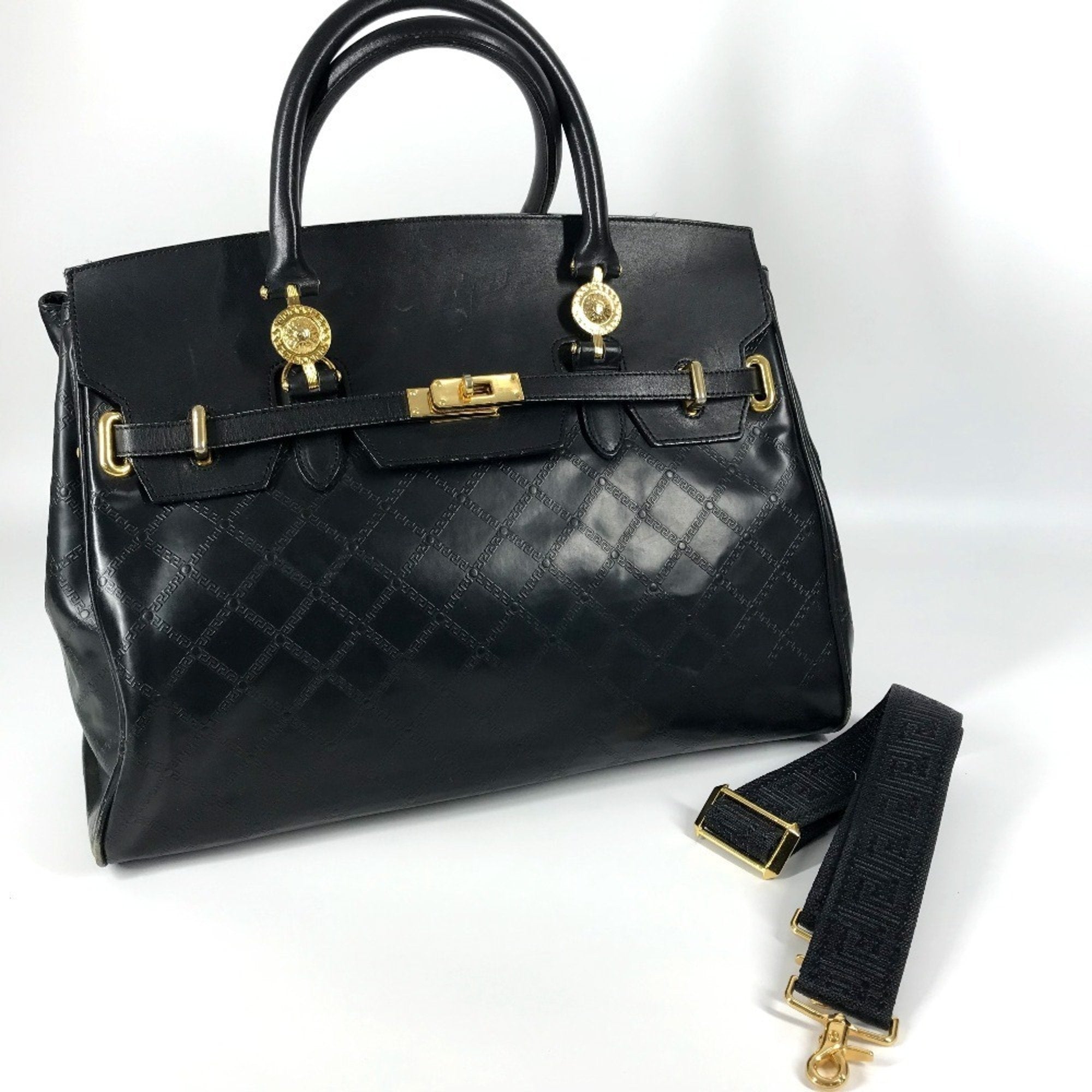 Versace Black Leather Handbag Shoulder Bag Tote Bag (Pre-Owned)