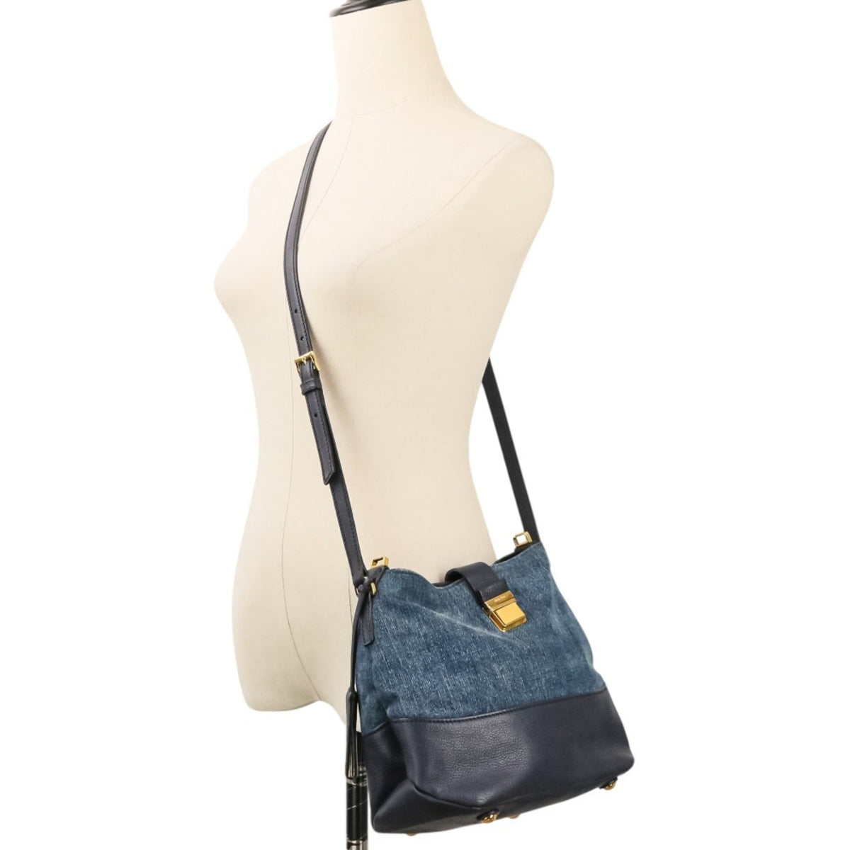 Miu Miu Navy Leather Denim Tote Bag (Pre-Owned)