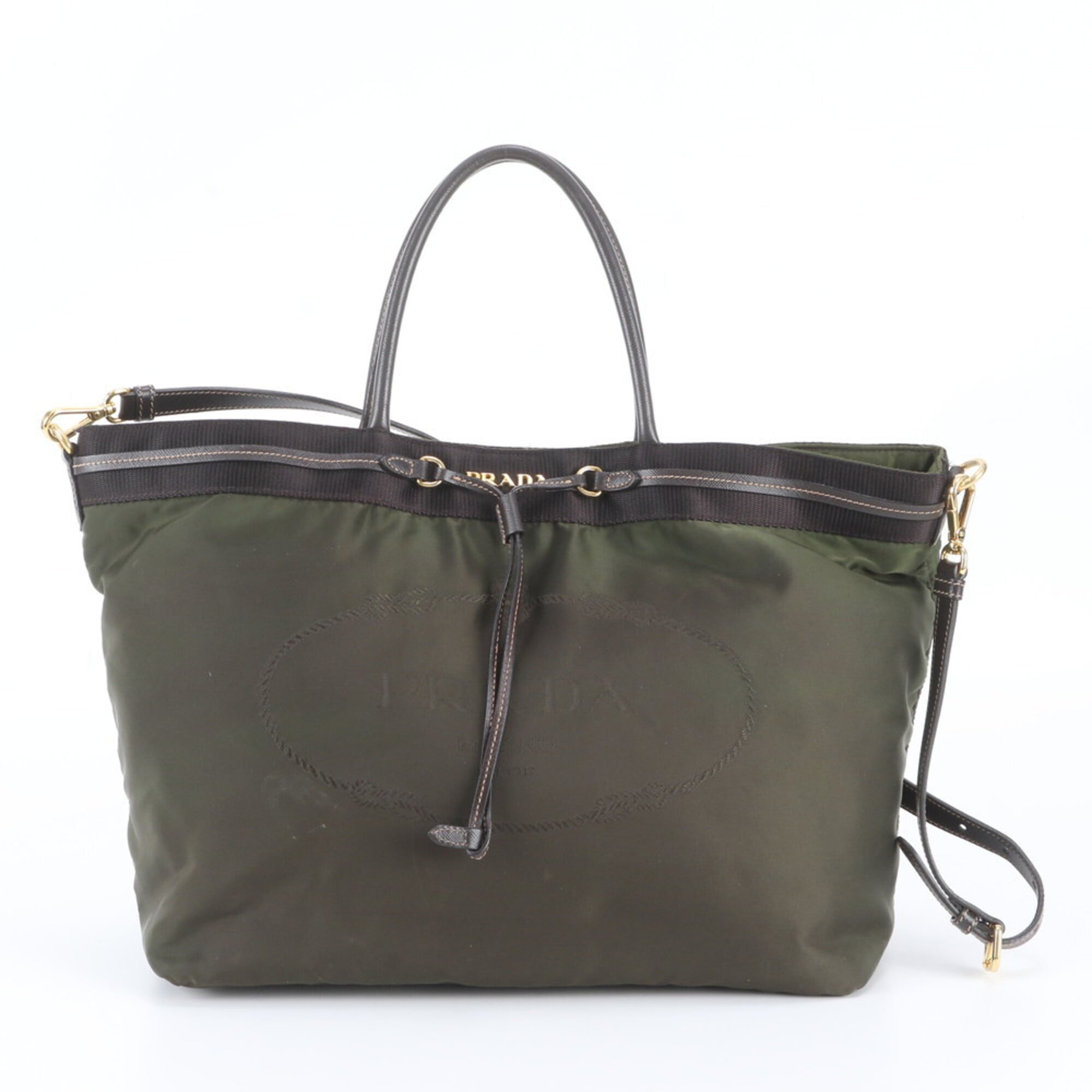 Prada Green Khaki Leather Nylon Crossbody Bag Handbag Shoulder Bag Tote Bag (Pre-Owned)