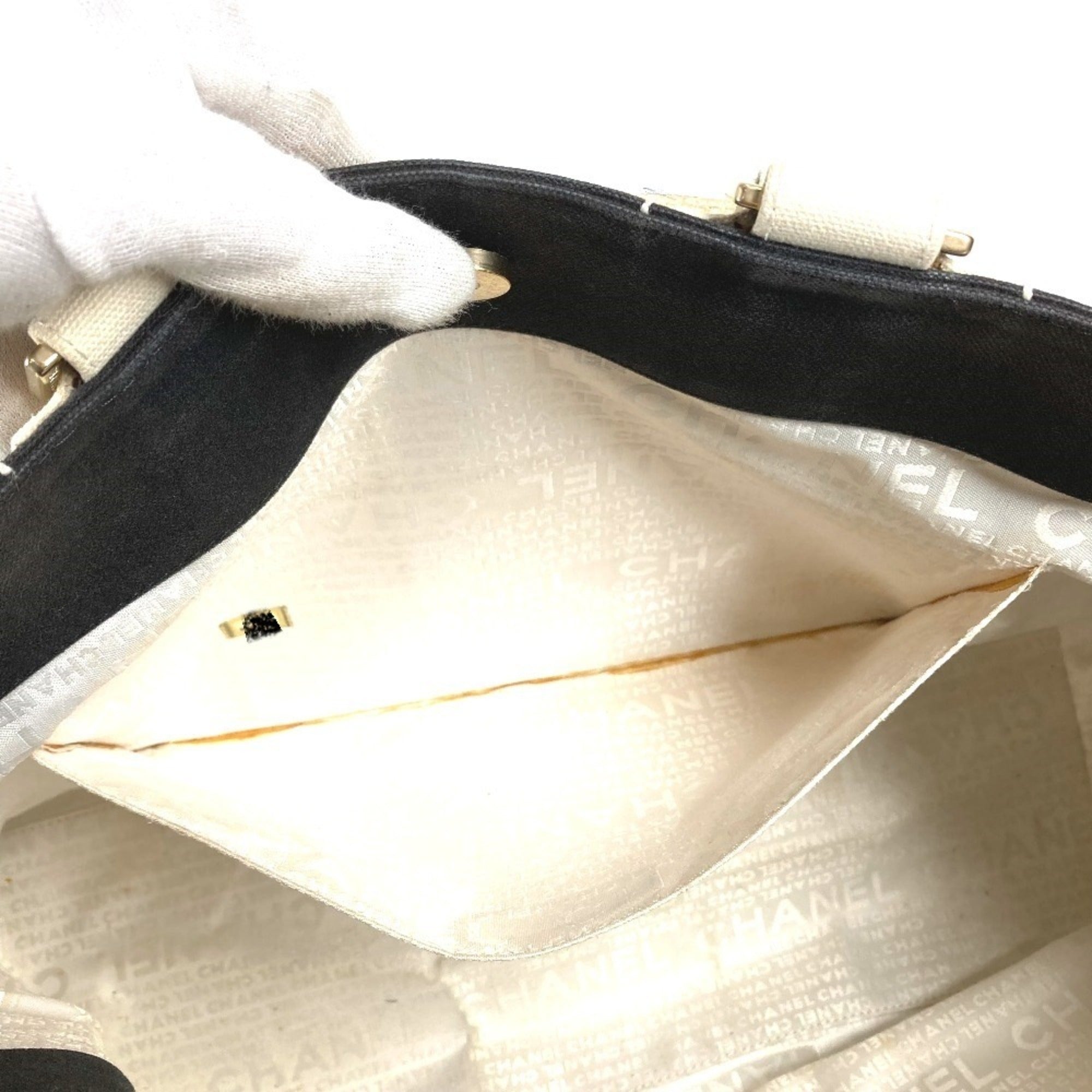 Chanel Black White Canvas Handbag Shoulder Bag Tote Bag (Pre-Owned)