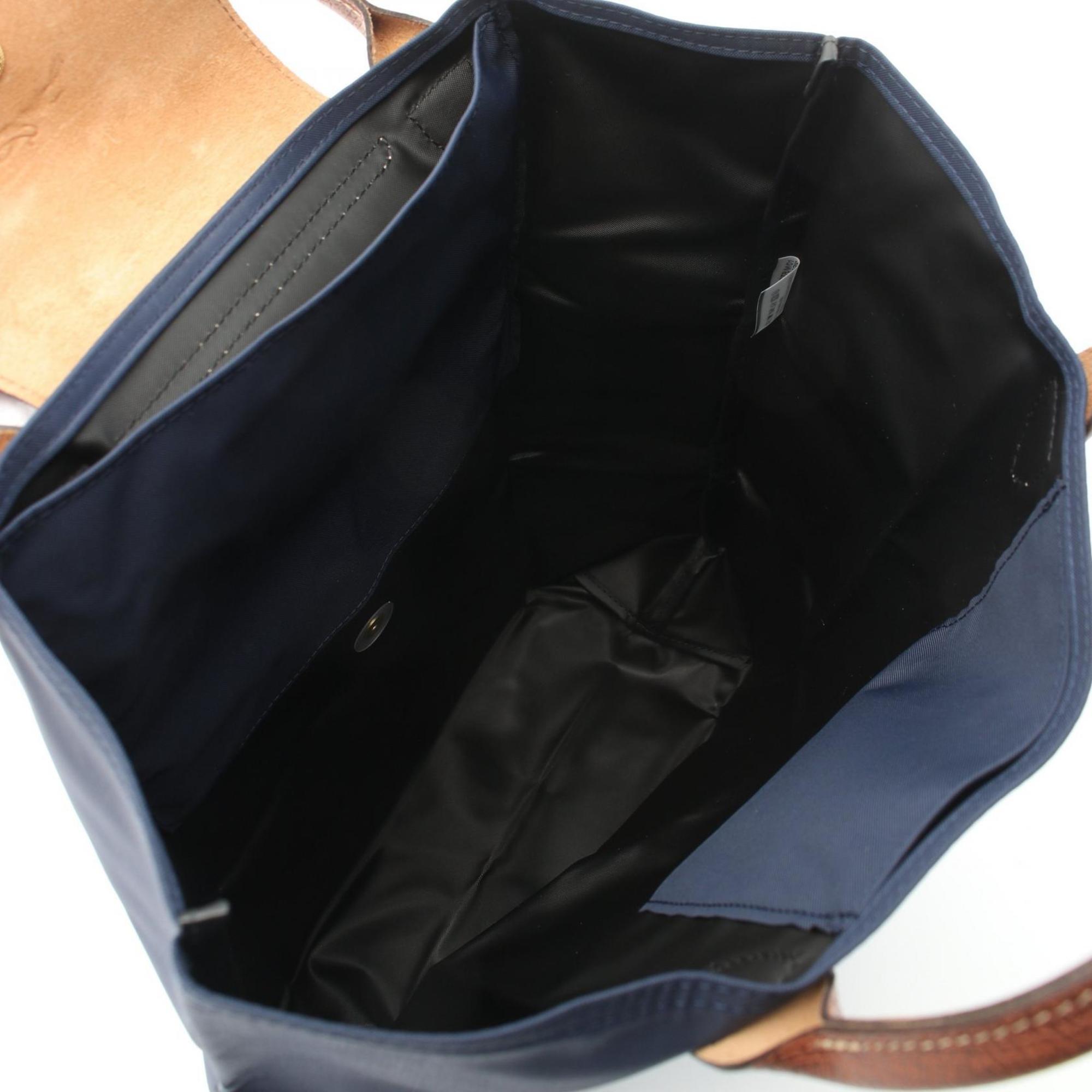 Longchamp Brown Navy Nylon Leather Shopping Bag Tote Bag (Pre-Owned)