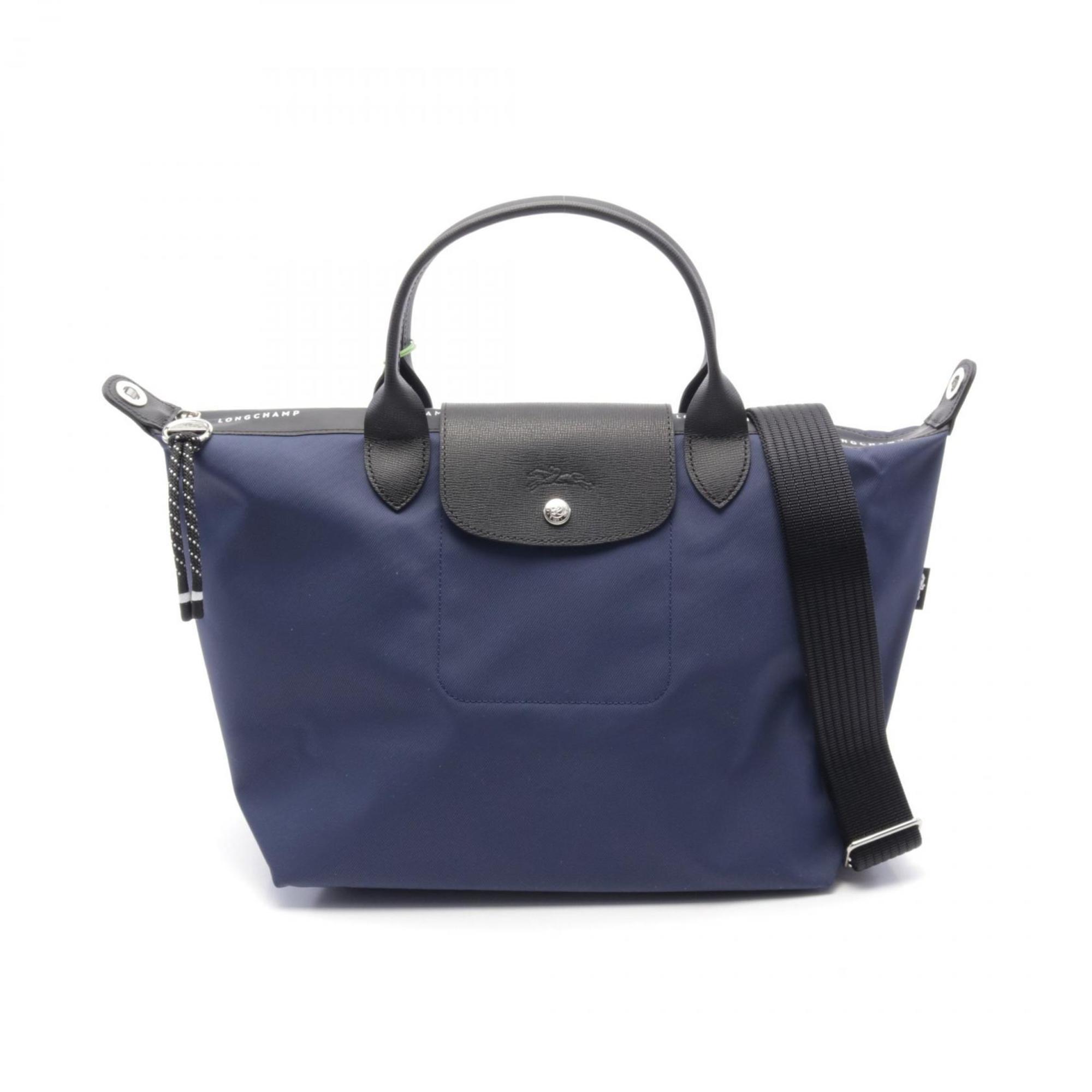 Longchamp Black Navy Nylon Leather Tote Bag (Pre-Owned)
