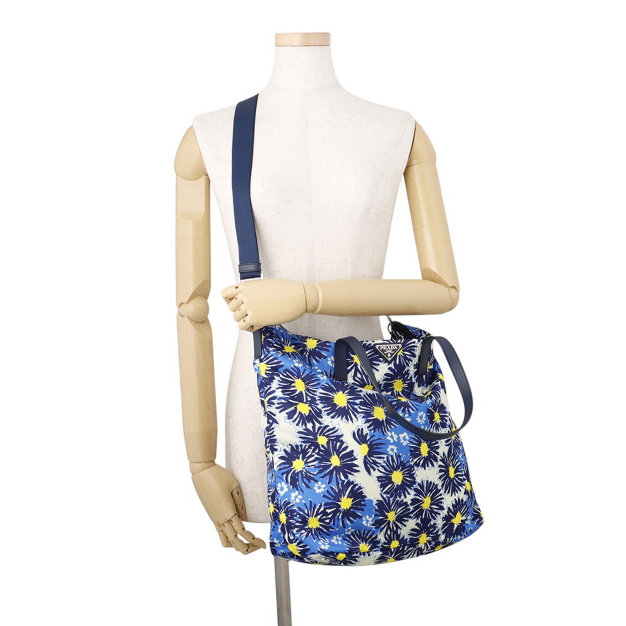 Prada Blue Yellow Nylon Leather Handbag Shoulder Bag Tote Bag (Pre-Owned)